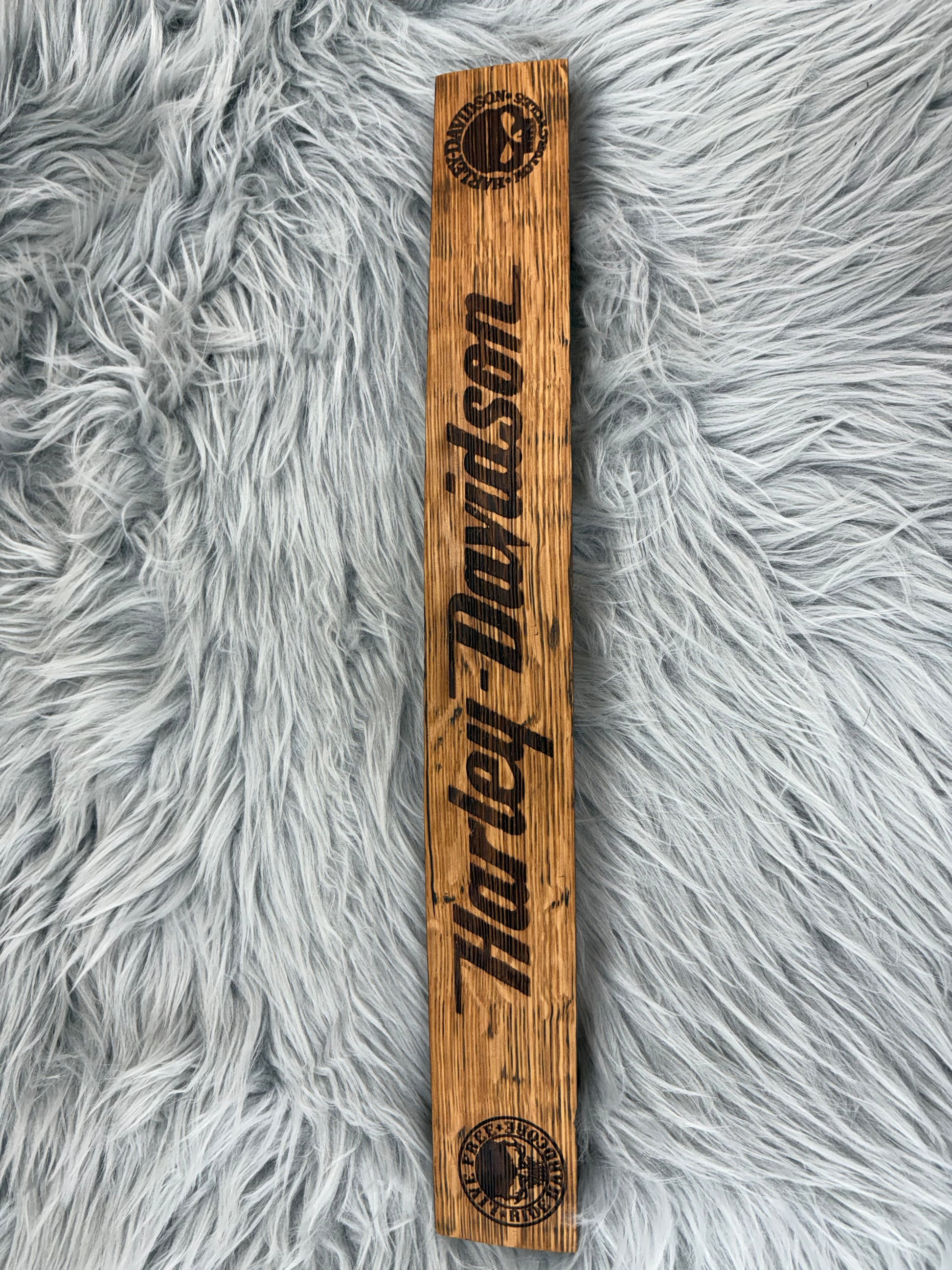 Harley Davidson Whiskey Barrel Stave Wall Art | Laser Engraved with Punisher Skulls | 19” x 2.5” | $50