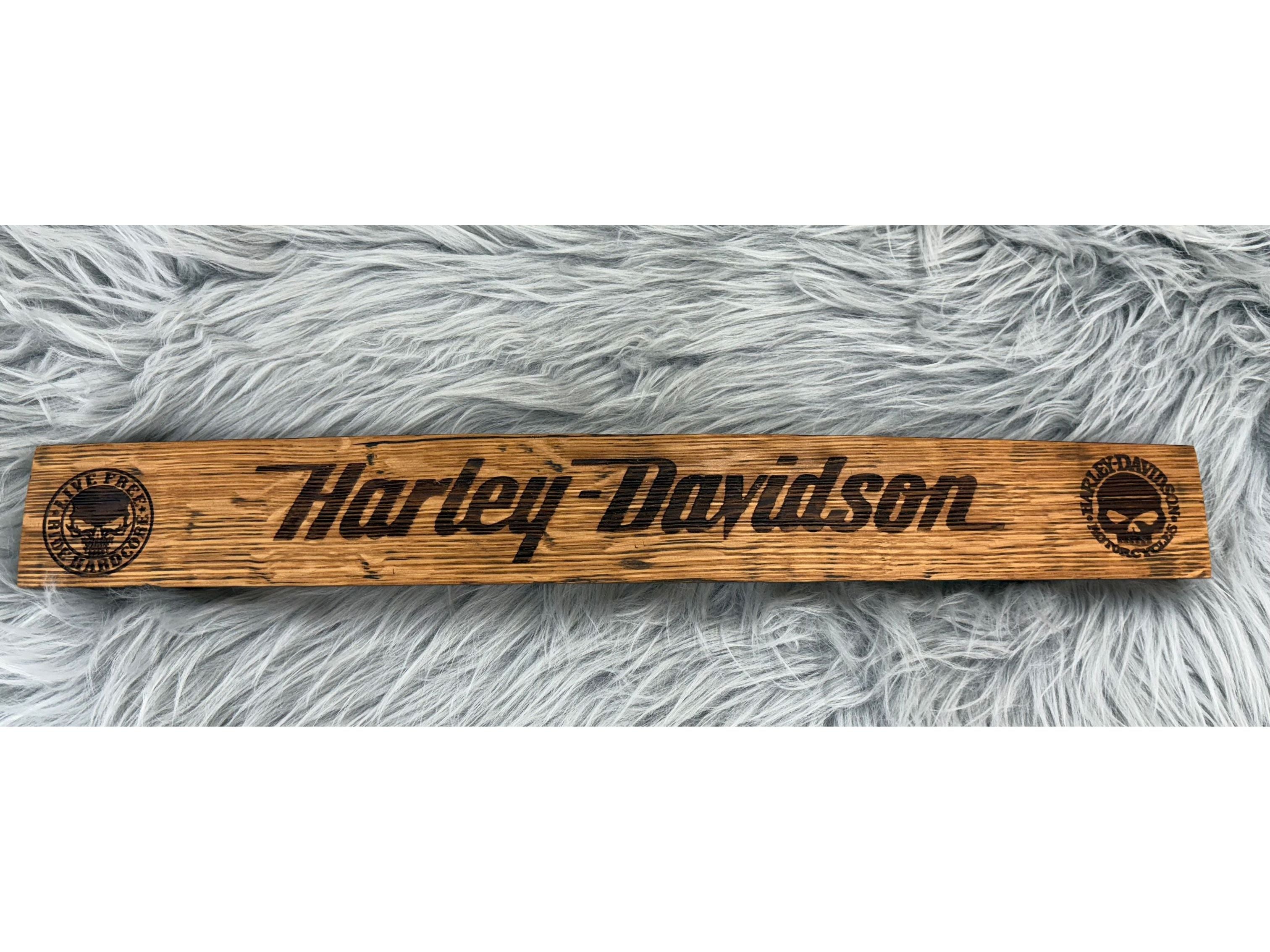 Harley Davidson Whiskey Barrel Stave Wall Art | Laser Engraved with Punisher Skulls | 19” x 2.5” | $50