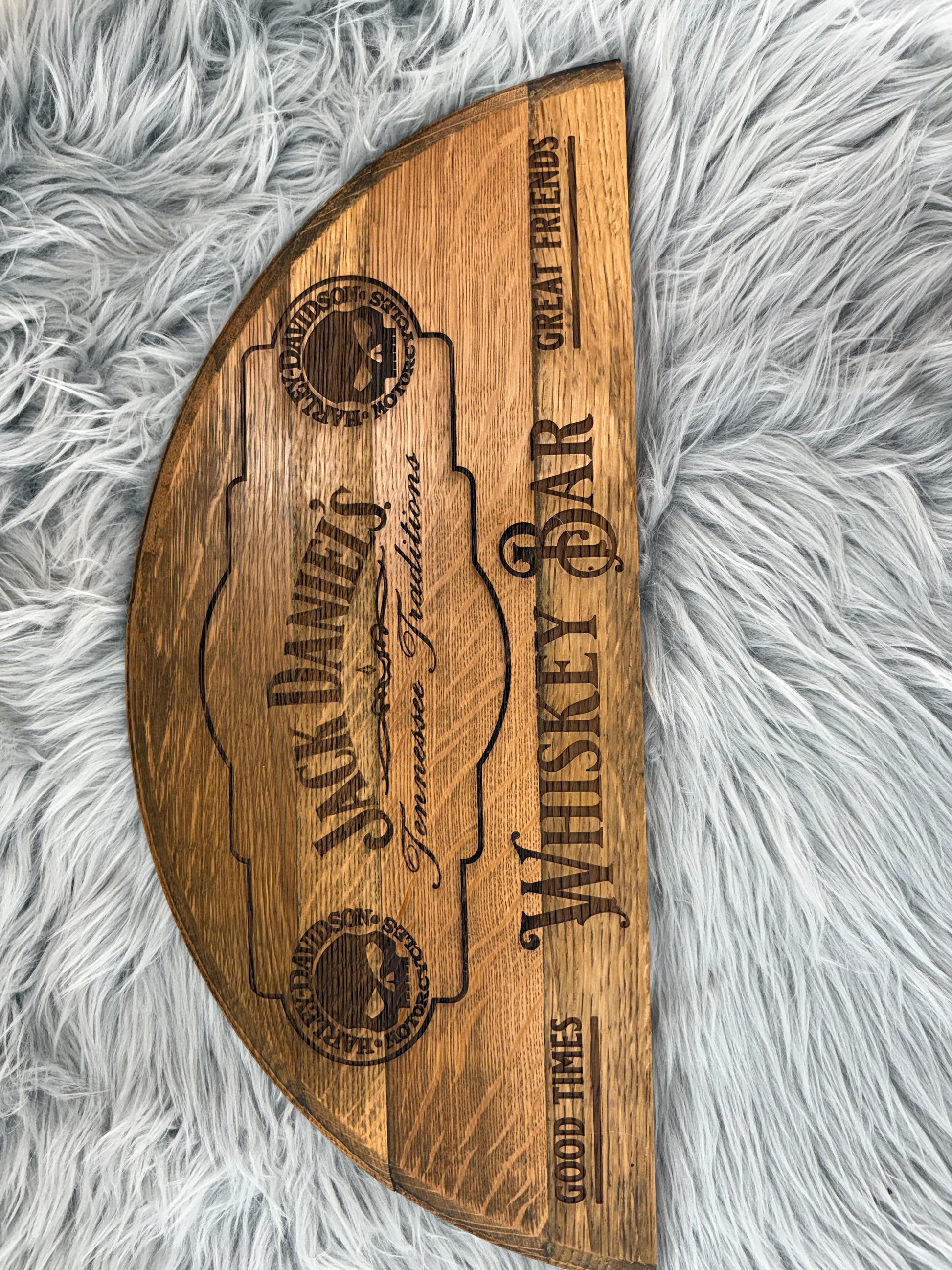 Whiskey Barrel Stave Wall Sign – Jack Daniels Whiskey Bar with Harley Davidson Punisher | Laser Engraved Rustic Decor