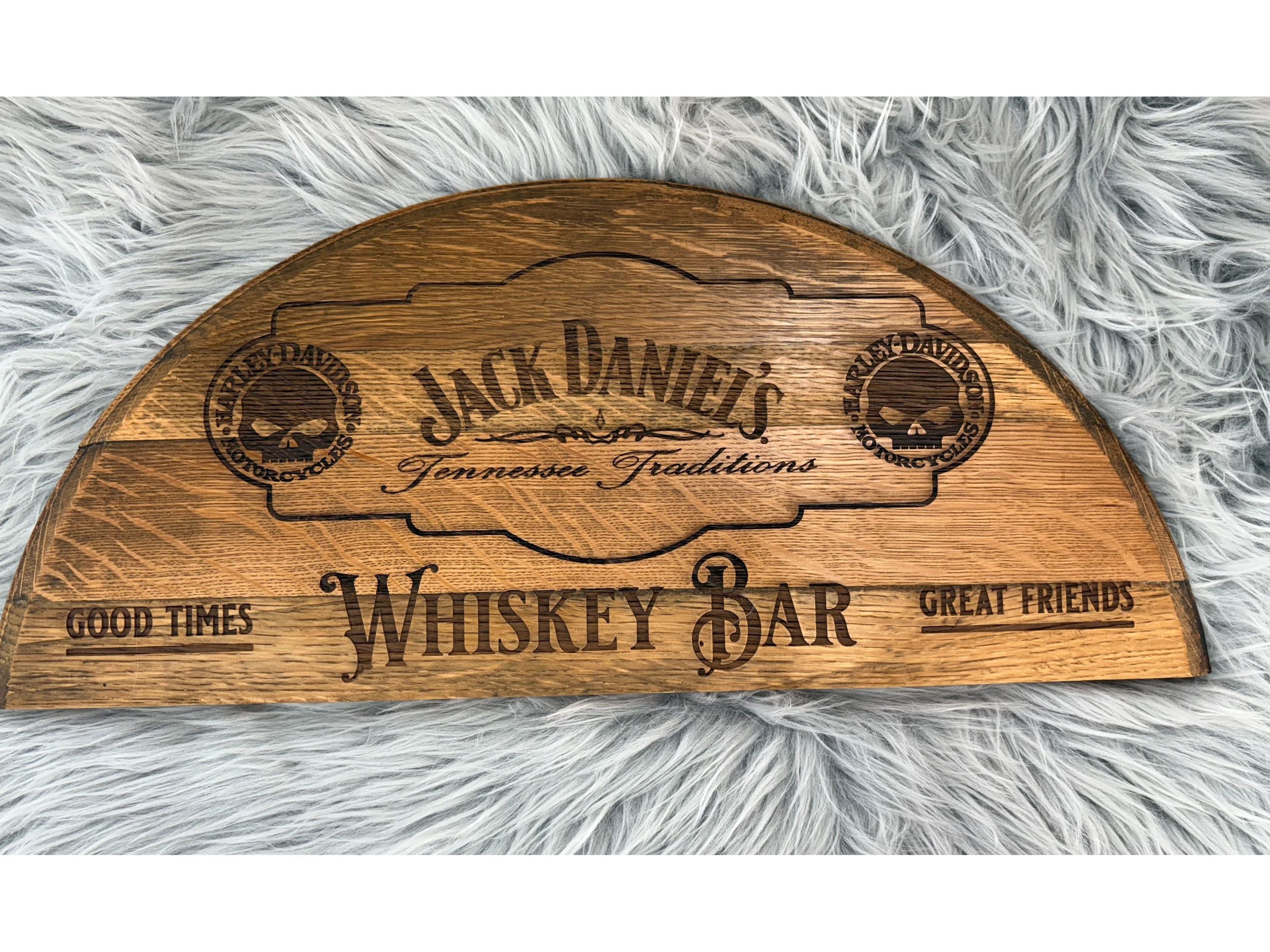 Whiskey Barrel Stave Wall Sign – Jack Daniels Whiskey Bar with Harley Davidson Punisher | Laser Engraved Rustic Decor