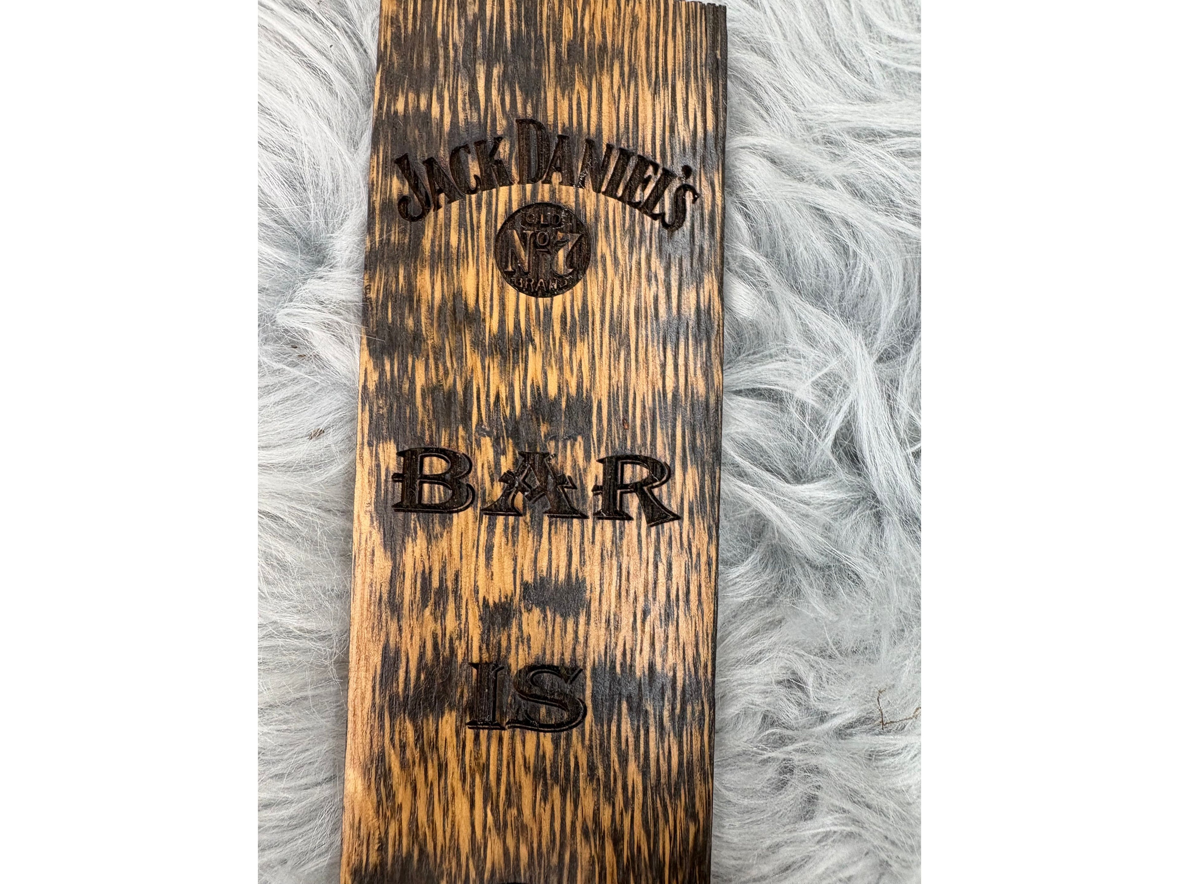 Jack Daniels “Bar Is Open” Wall Sign with Fireball Logo & Bottle Opener | Laser Engraved Whiskey Bar Decor | 17” x 3” | $30