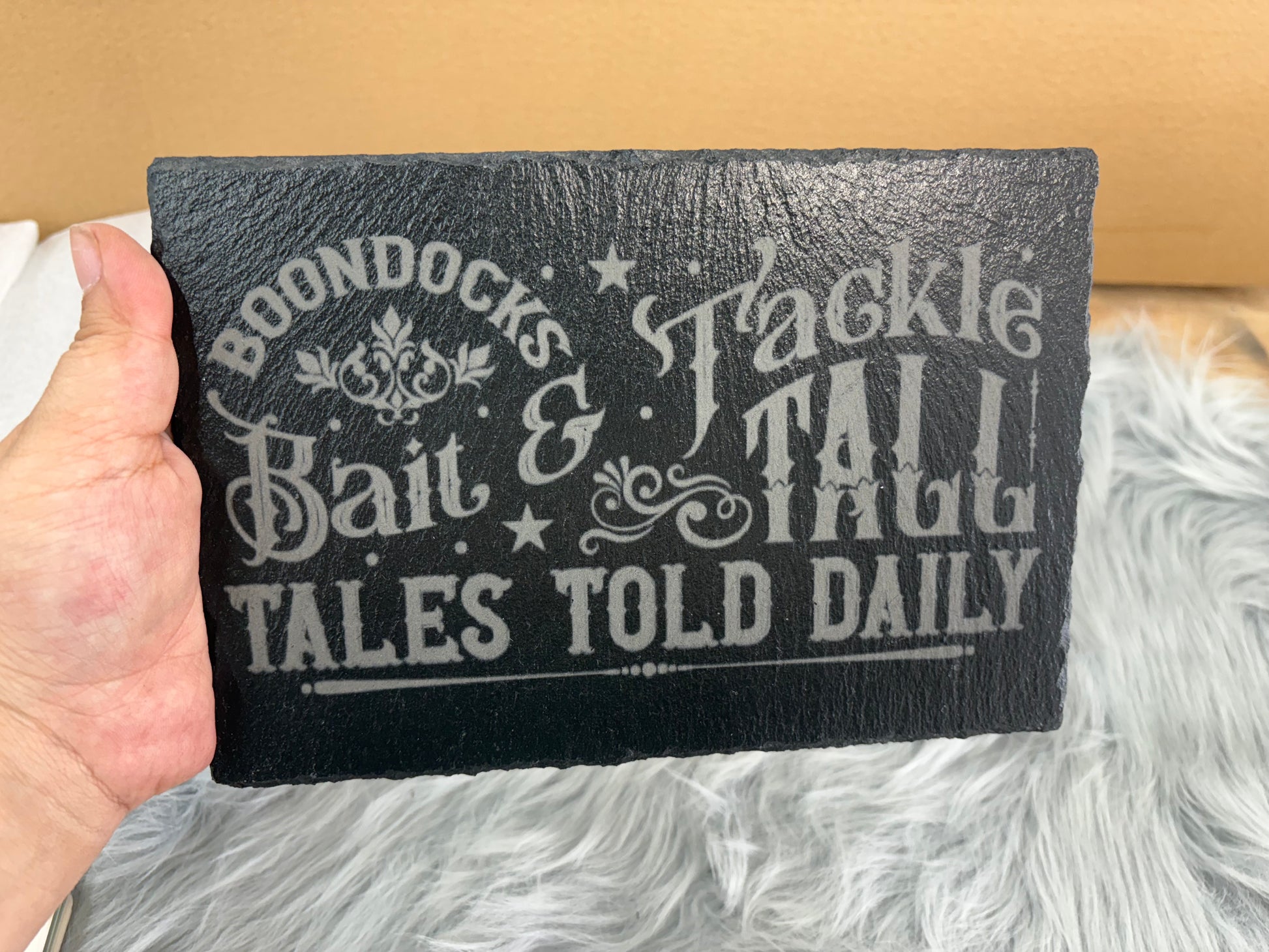 Boondocks Bait & Tackle Slate Sign – 8.5x6” Laser Engraved ‘Tall Tales Told Daily’ Fishing Cabin Decor