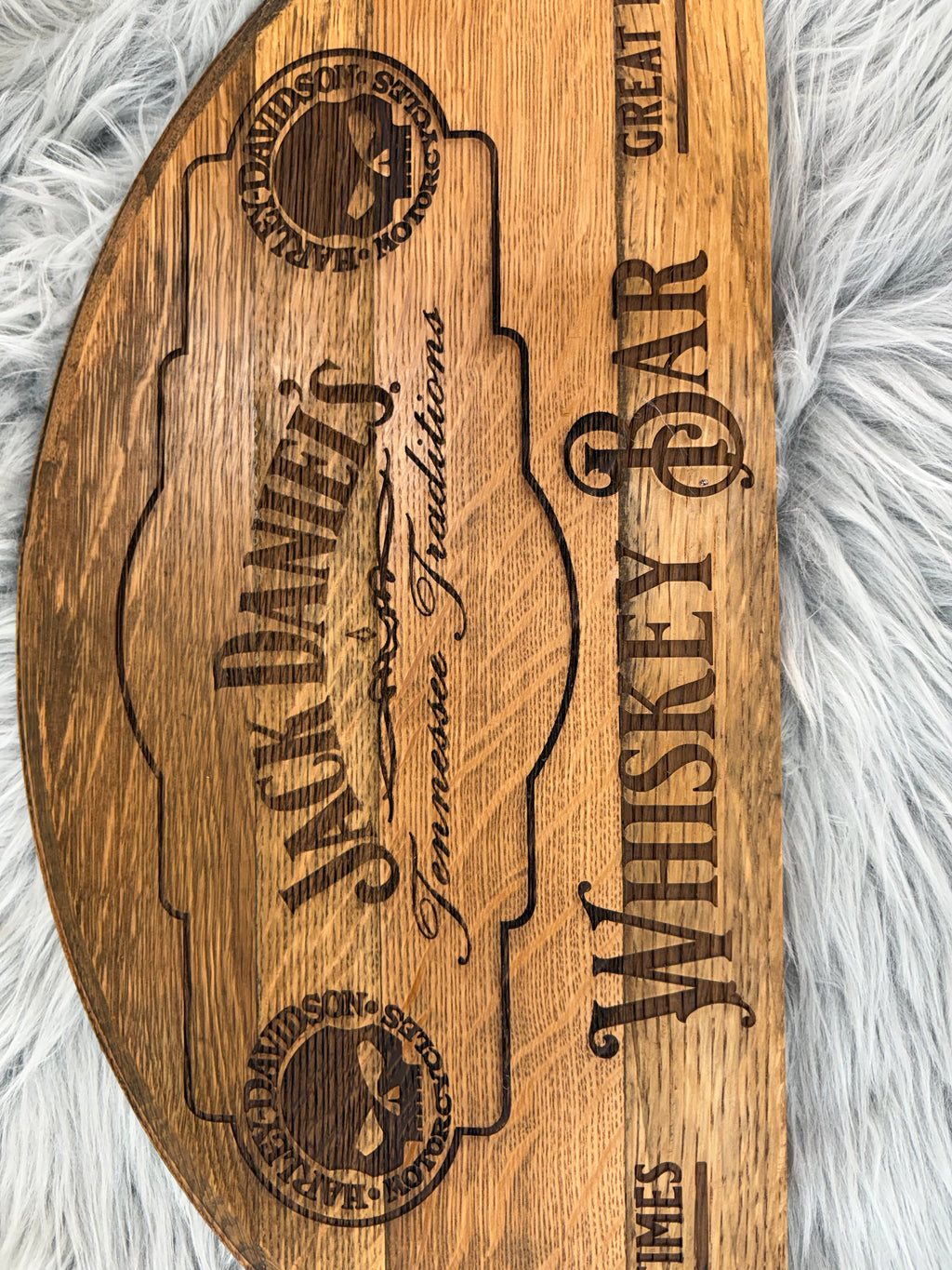 Whiskey Barrel Stave Wall Sign – Jack Daniels Whiskey Bar with Harley Davidson Punisher | Laser Engraved Rustic Decor