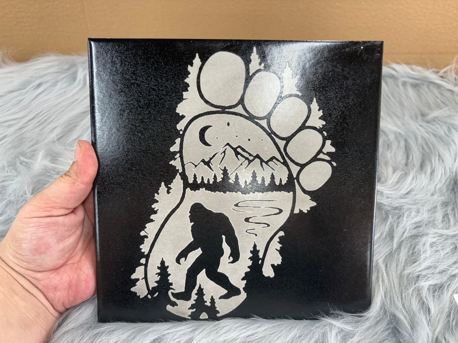 Laser Engraved Bigfoot Footprint Tile – 8x8 Cryptid Cabin Decor