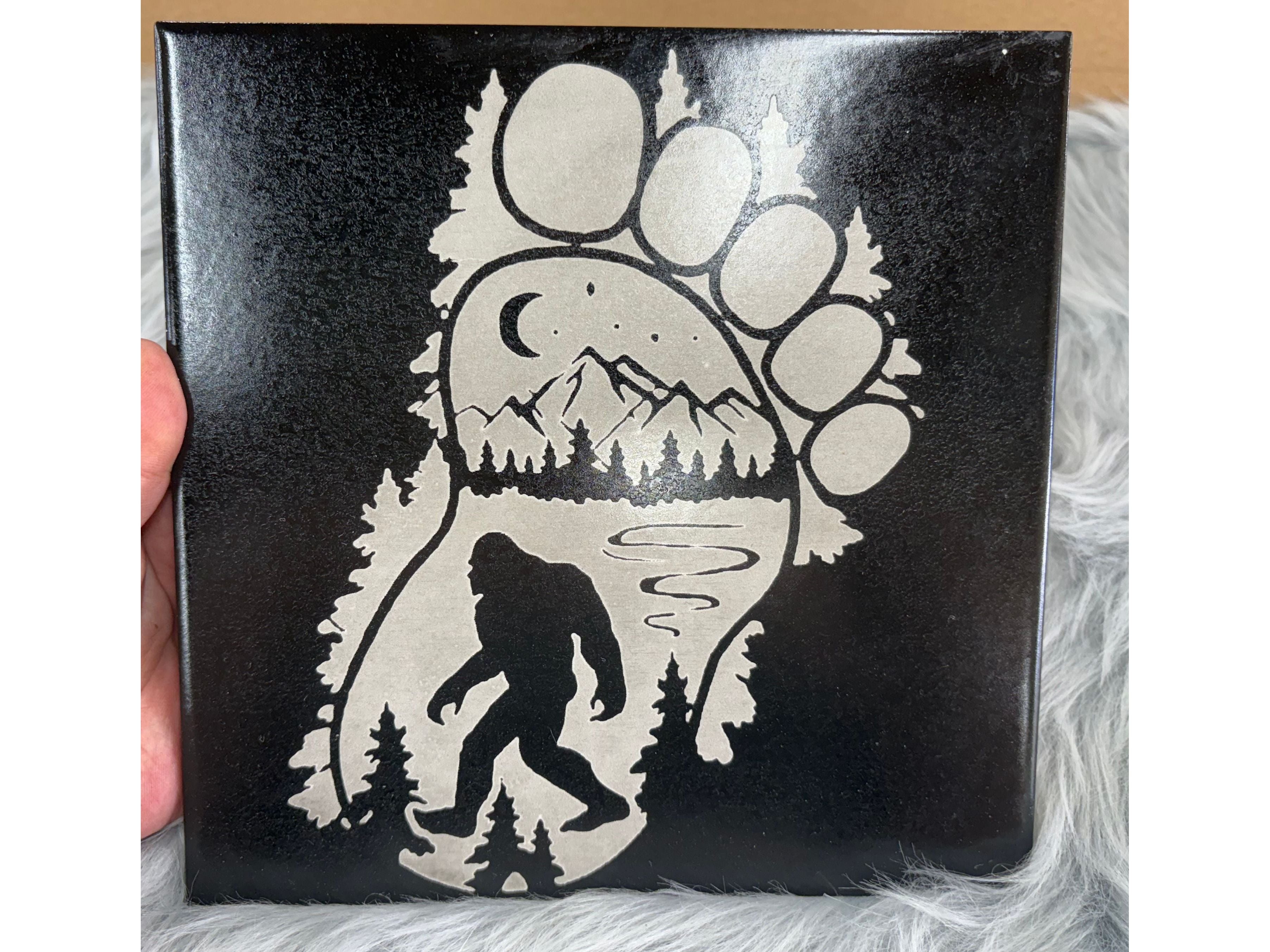 Laser Engraved Bigfoot Footprint Tile – 8x8 Cryptid Cabin Decor
