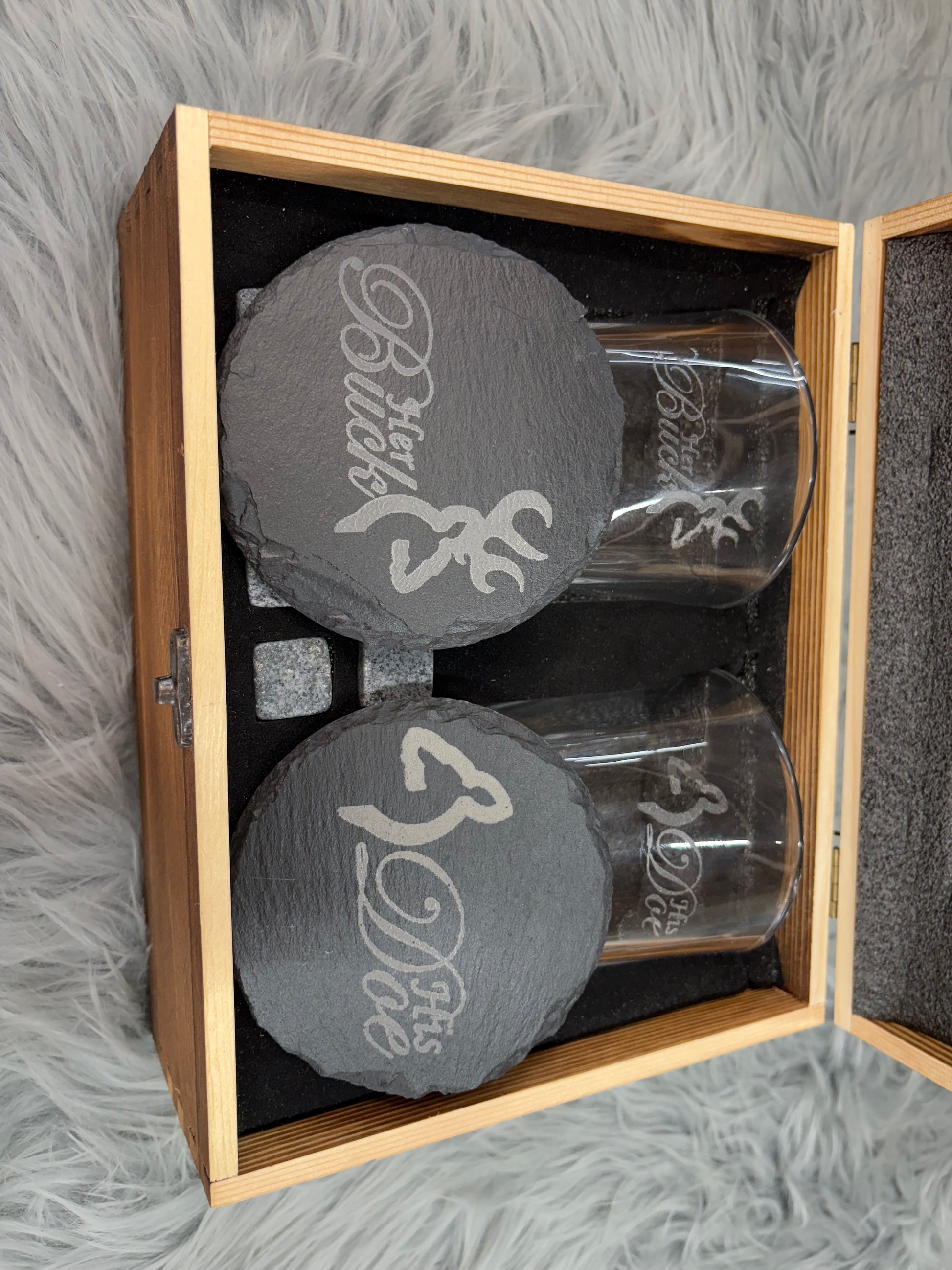 His Buck & Her Doe Whiskey Gift Set | Deer Love Laser Engraved Box – 2 Glasses, Coasters, Whiskey Stones & Velvet Bag