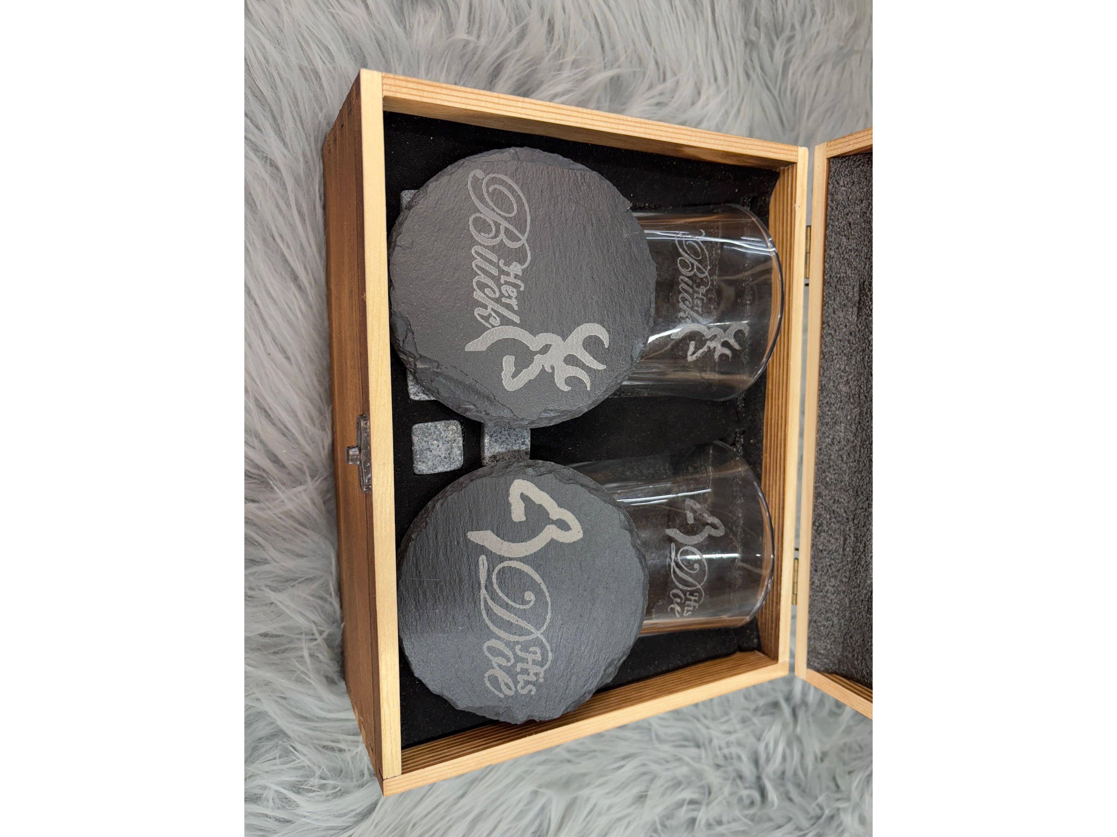His Buck & Her Doe Whiskey Gift Set | Deer Love Laser Engraved Box – 2 Glasses, Coasters, Whiskey Stones & Velvet Bag
