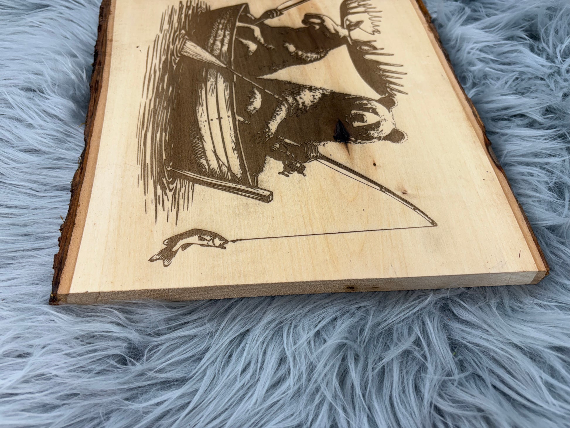 Live Edge Bear & Moose Fishing in a Boat | Laser Engraved Cabin Wall Art | 11" x 13" | $35