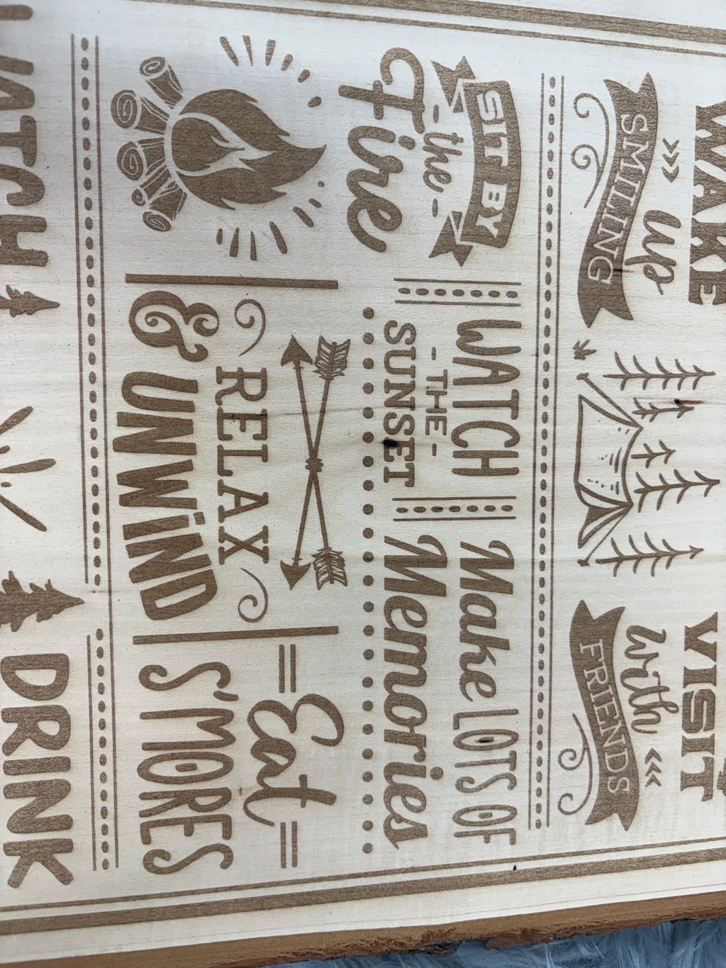 Live Edge “Camping Rules” Sign | Laser Engraved Rustic Wood Wall Art | 16" x 11.5" | $35