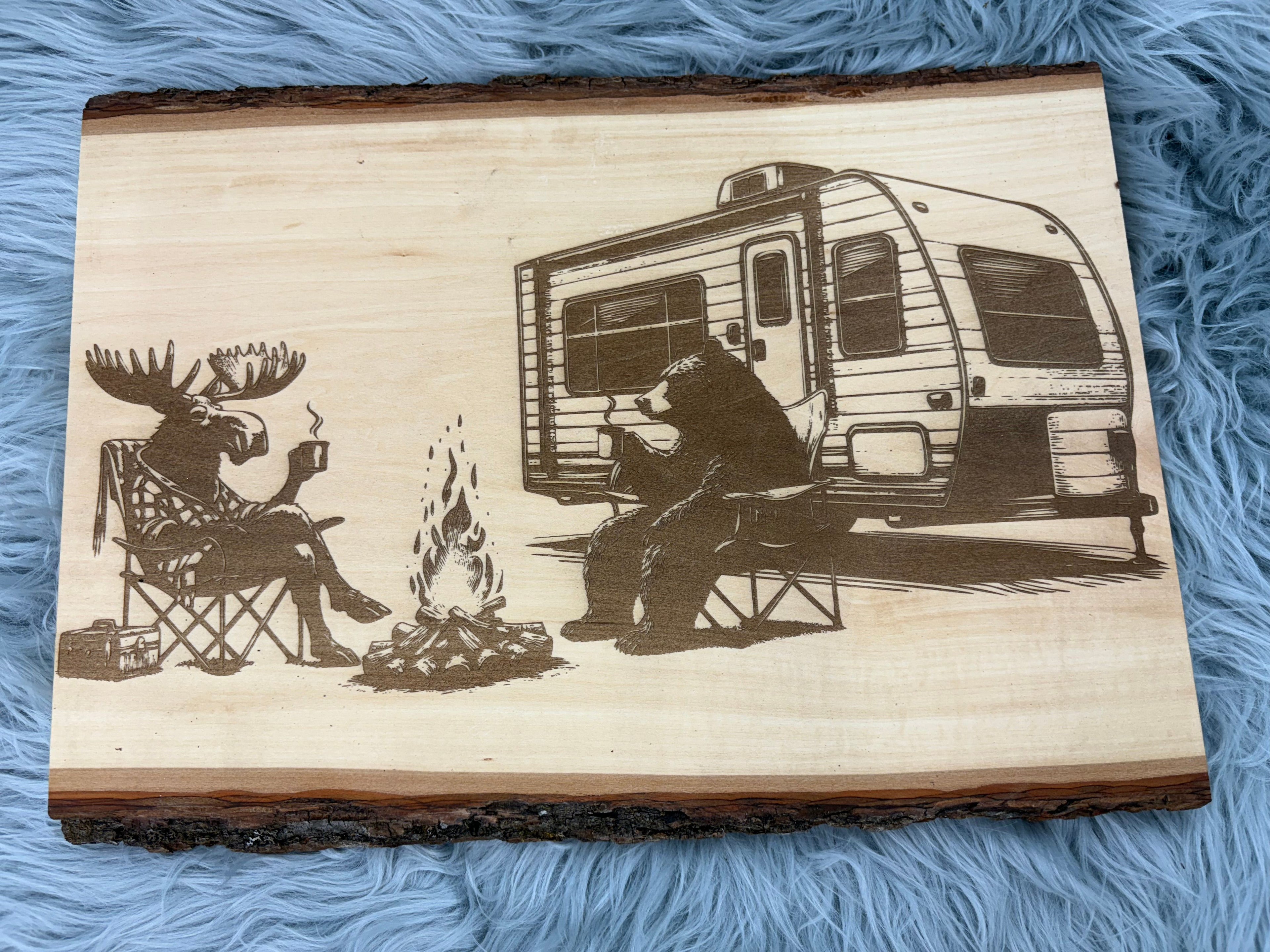 Live Edge Camper Scene with Moose & Bear | Laser Engraved Rustic Camping Decor | 11.5" x 16" | $35