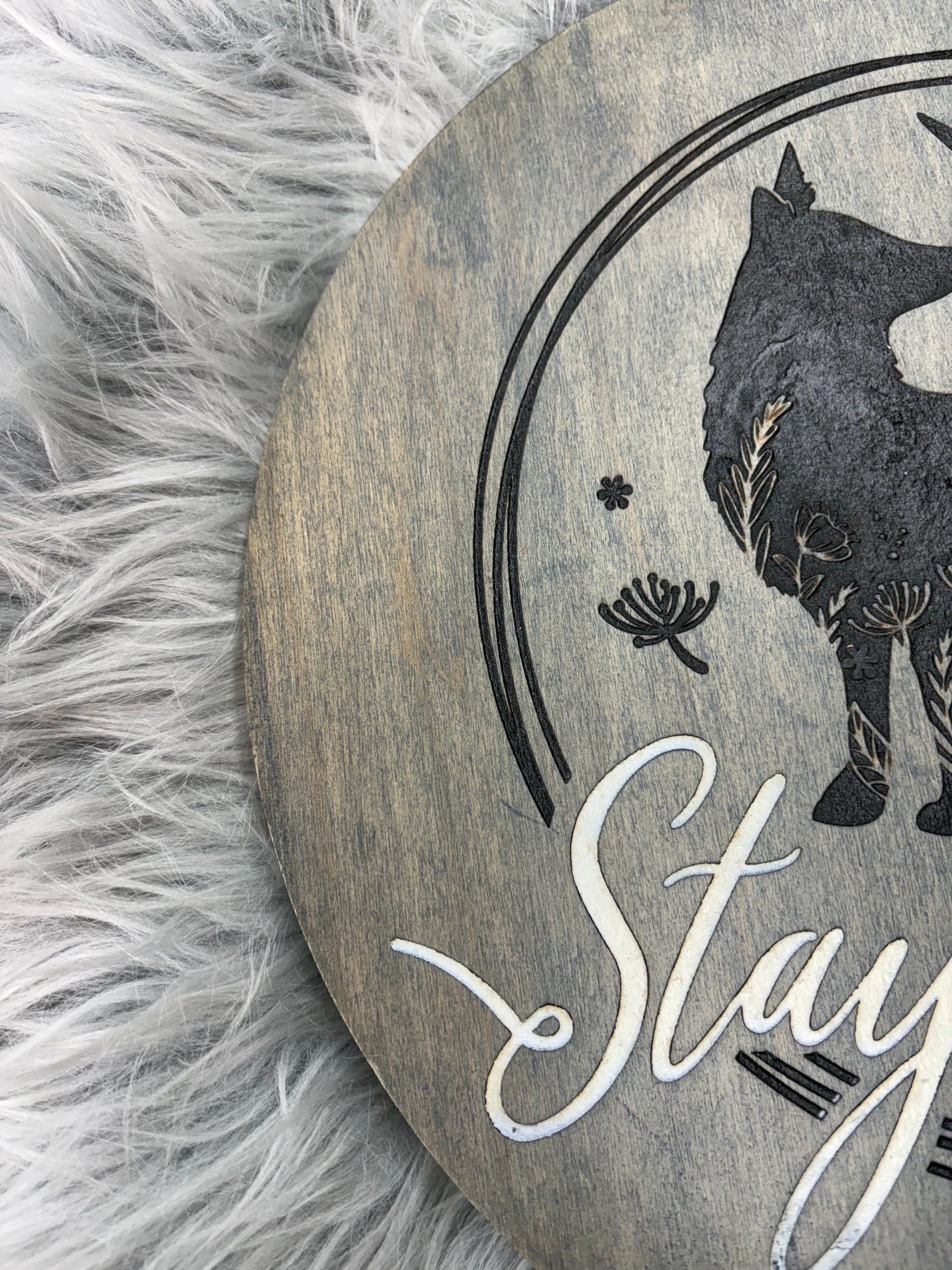 Stay Clever Wolf Sign | Hand-Painted Laser Engraved Wood Round | 12" Rustic Wall Art – $25