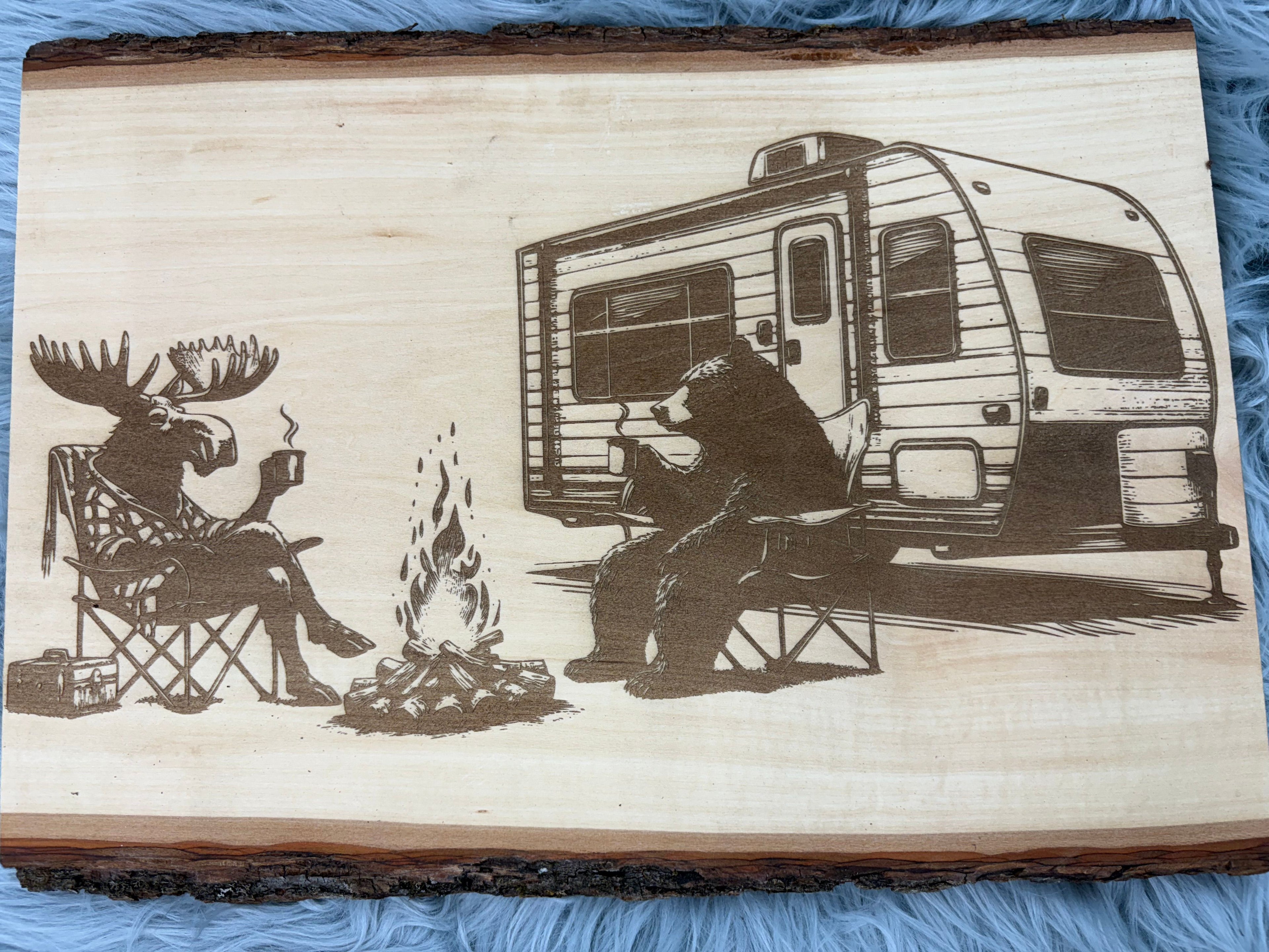 Live Edge Camper Scene with Moose & Bear | Laser Engraved Rustic Camping Decor | 11.5" x 16" | $35