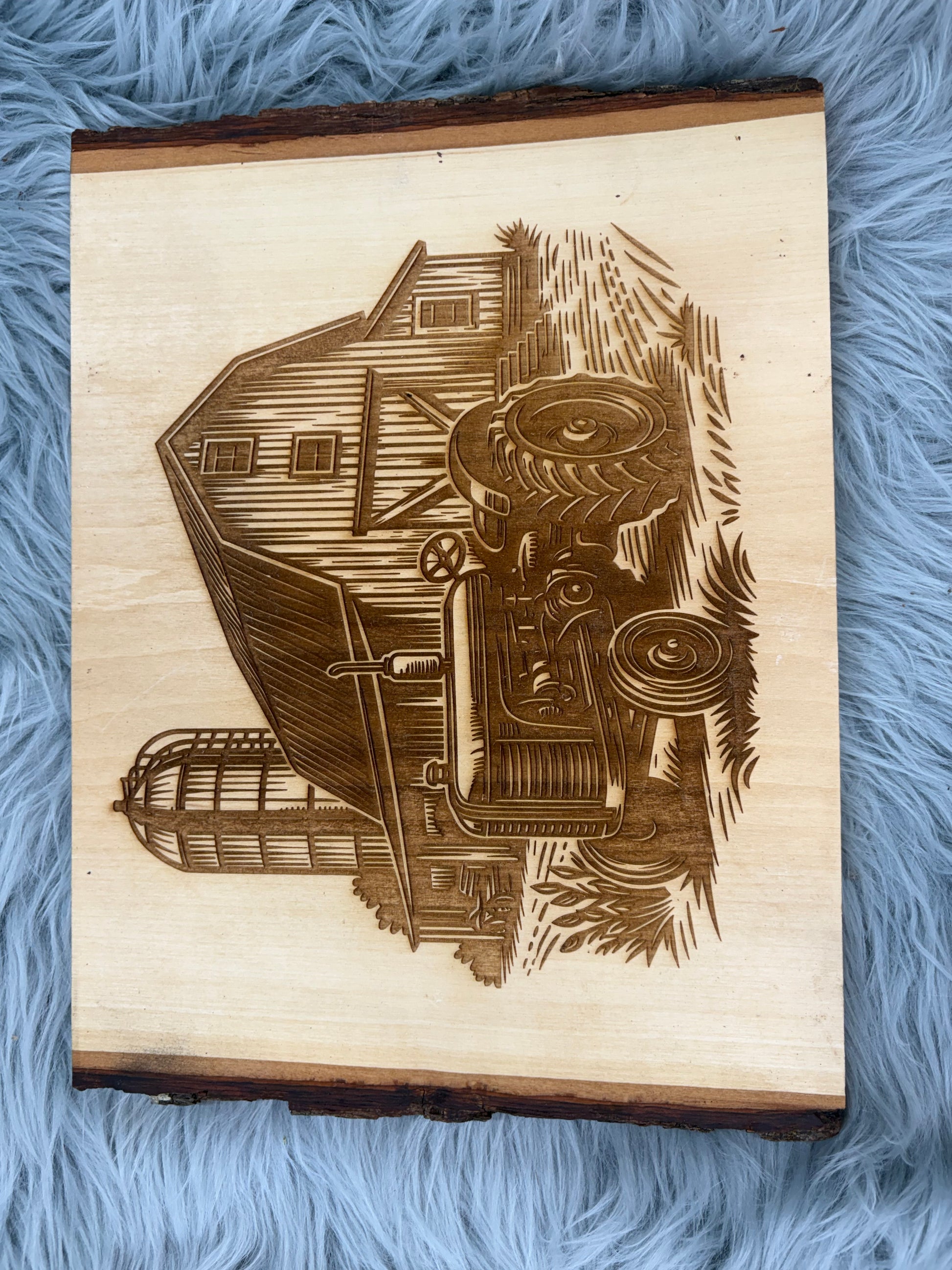 Live Edge Barn & Tractor Scene | Laser Engraved Farmhouse Wall Art | 10" x 13.5" | $25