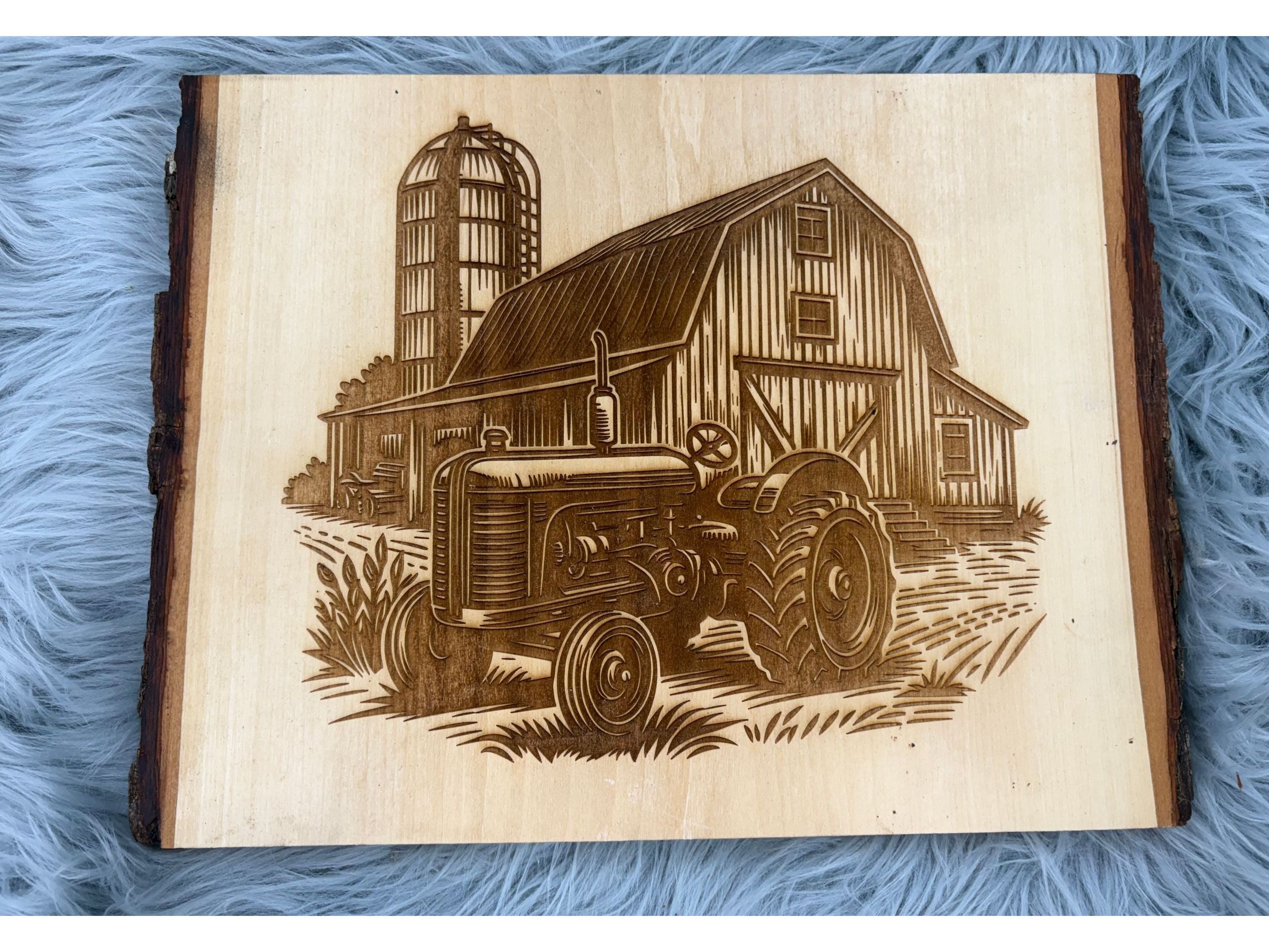 Live Edge Barn & Tractor Scene | Laser Engraved Farmhouse Wall Art | 10" x 13.5" | $25