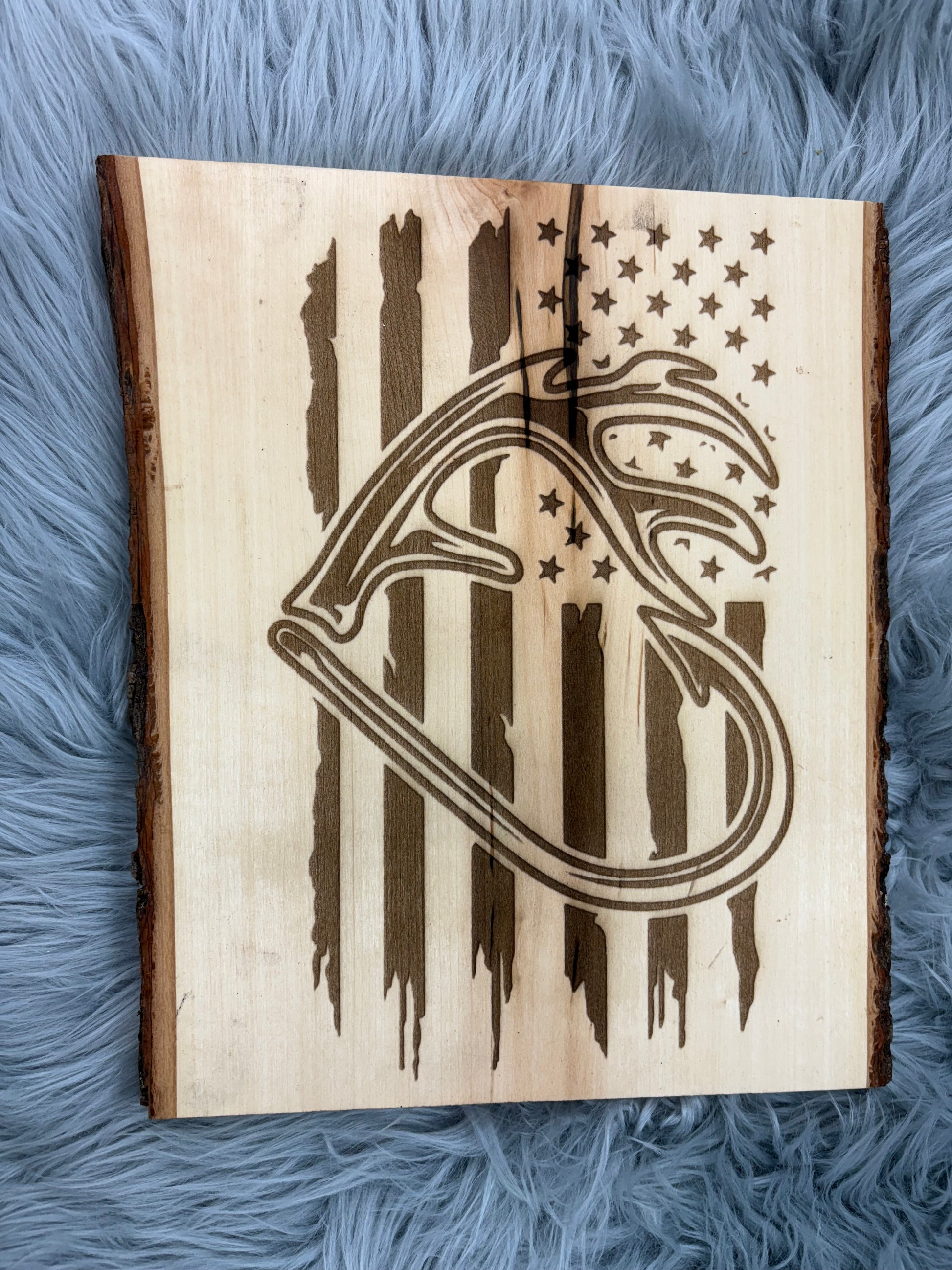 Live Edge Deer Heart Antlers with American Flag | Laser Engraved Rustic Wall Art | 11" x 13" | $35