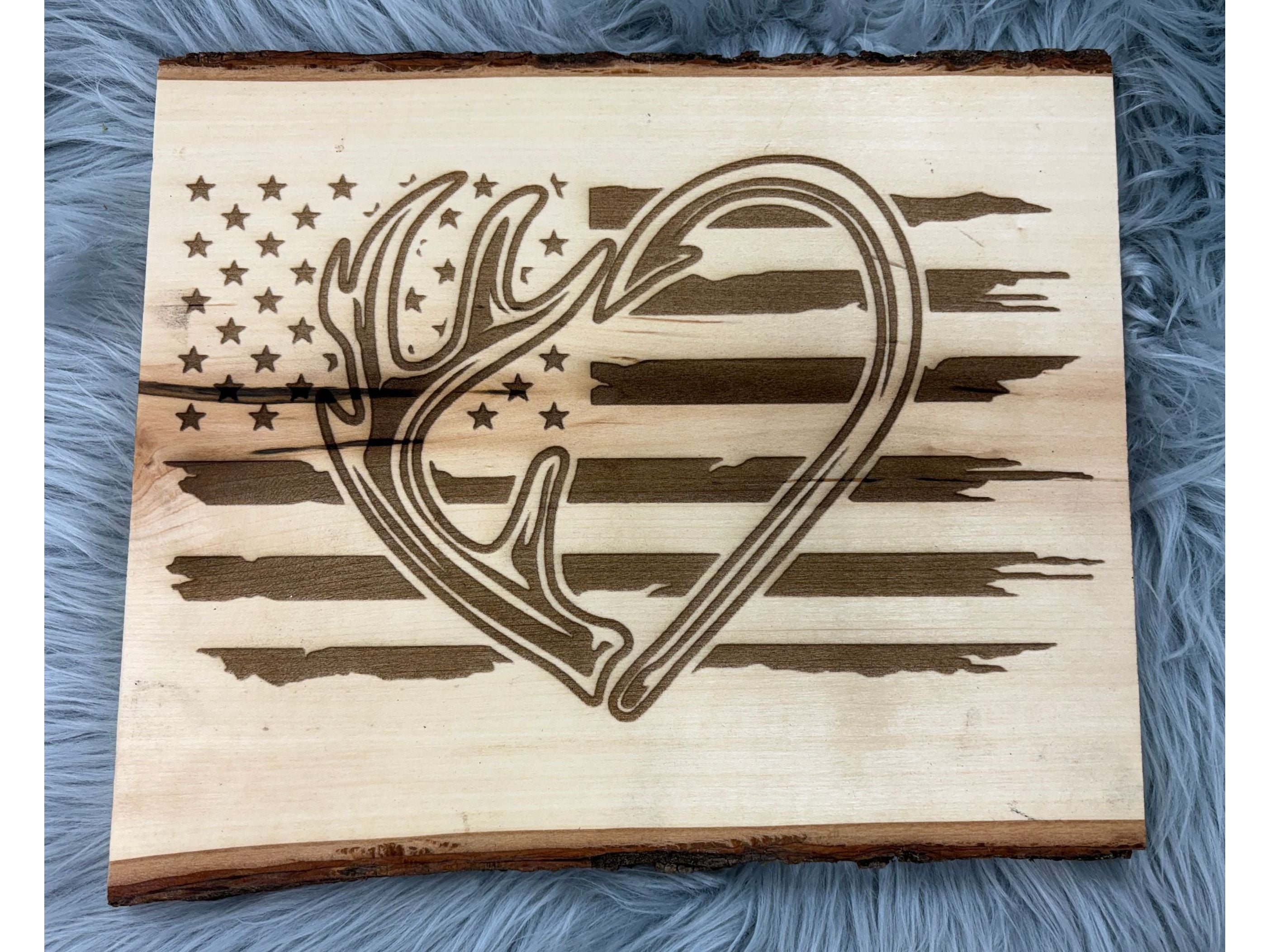 Live Edge Deer Heart Antlers with American Flag | Laser Engraved Rustic Wall Art | 11" x 13" | $35