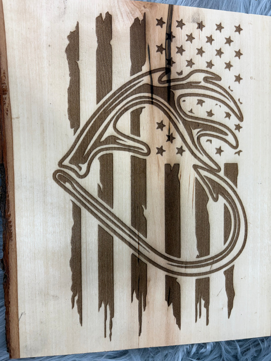 Live Edge Deer Heart Antlers with American Flag | Laser Engraved Rustic Wall Art | 11" x 13" | $35