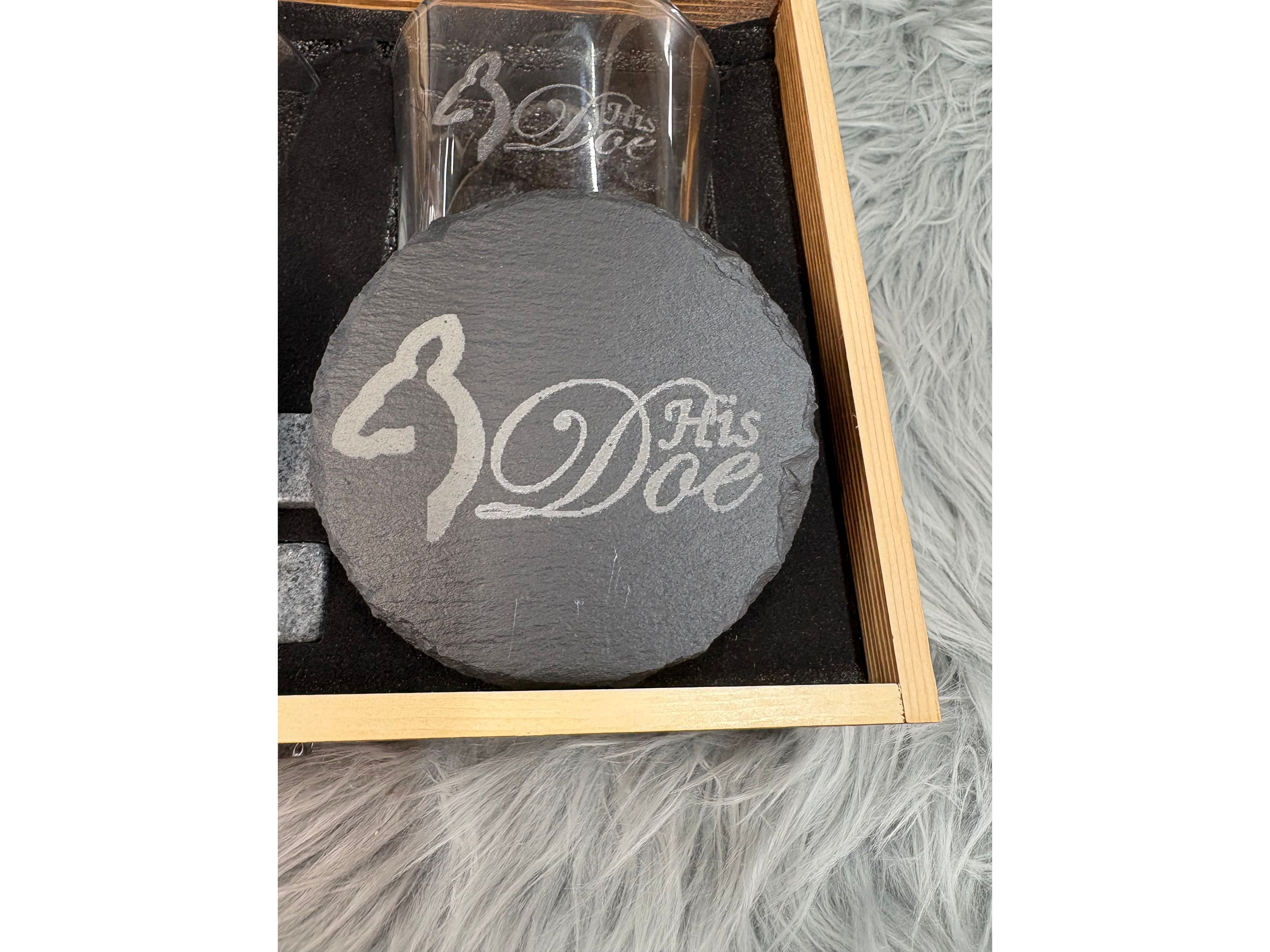 His Buck & Her Doe Whiskey Gift Set | Deer Love Laser Engraved Box – 2 Glasses, Coasters, Whiskey Stones & Velvet Bag