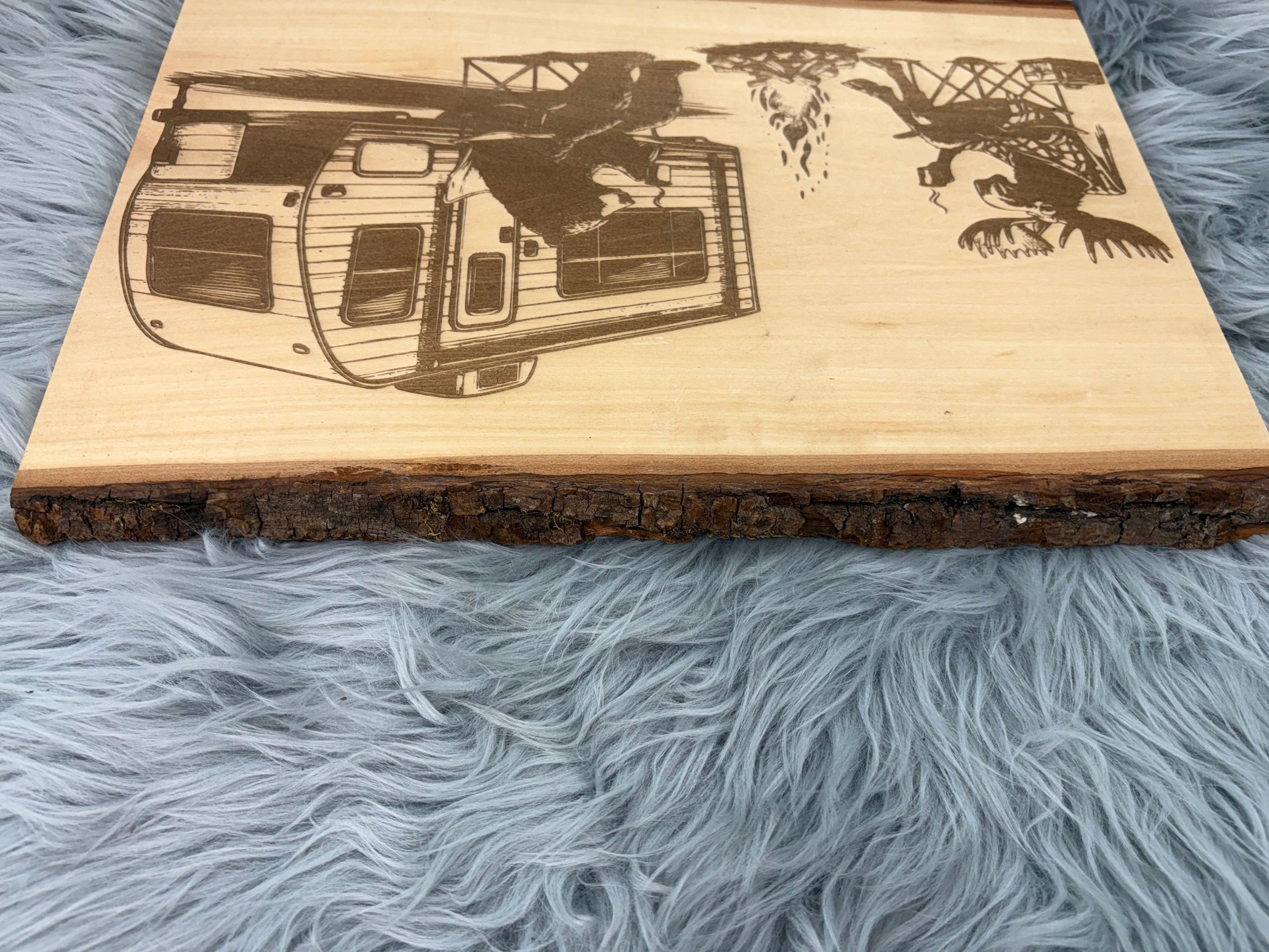 Live Edge Camper Scene with Moose & Bear | Laser Engraved Rustic Camping Decor | 11.5" x 16" | $35