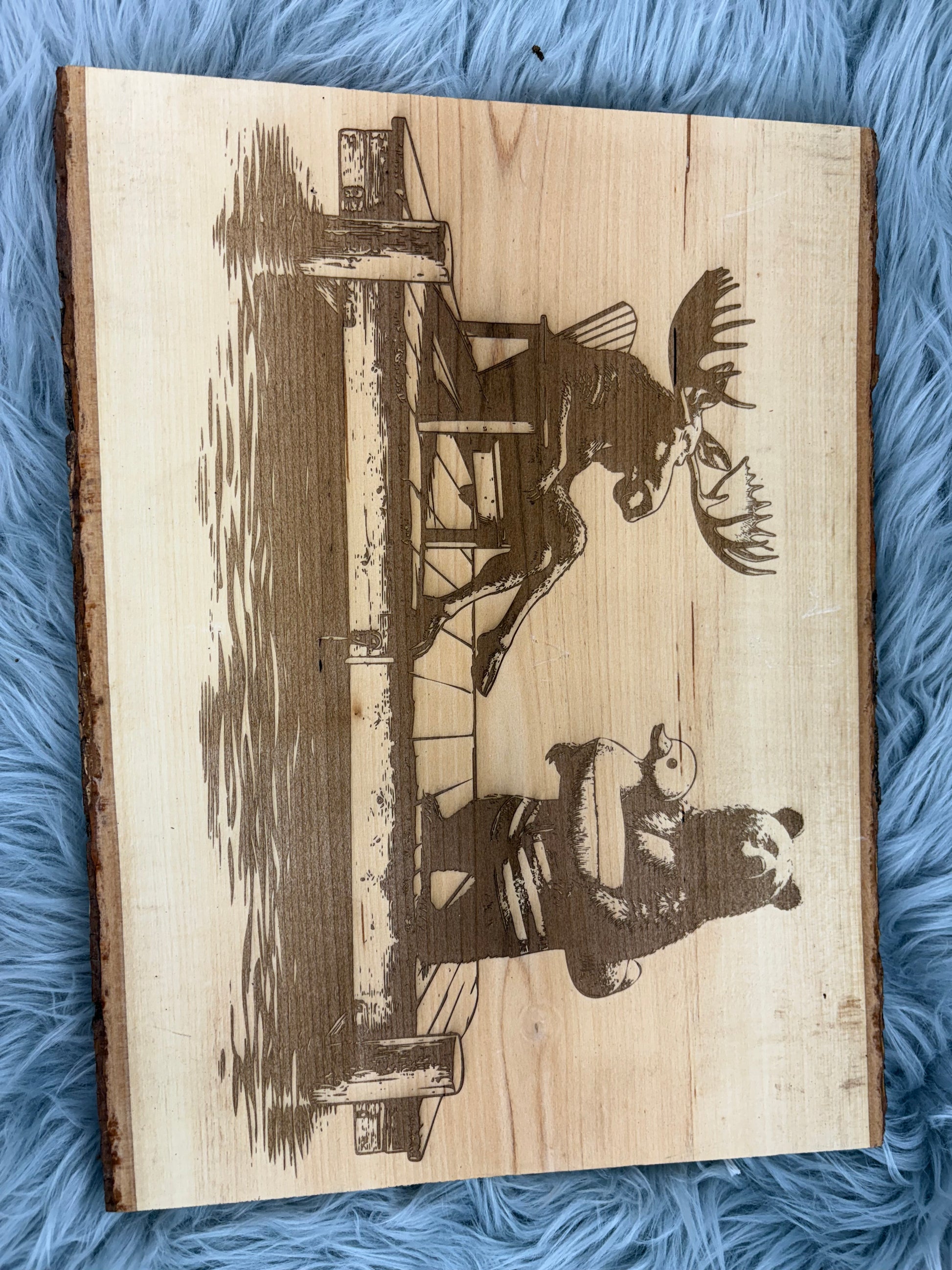 Live Edge Moose & Bear on Dock with Duck Floaty | Laser Engraved Lake Life Wood Sign | 12" x 16" | $35