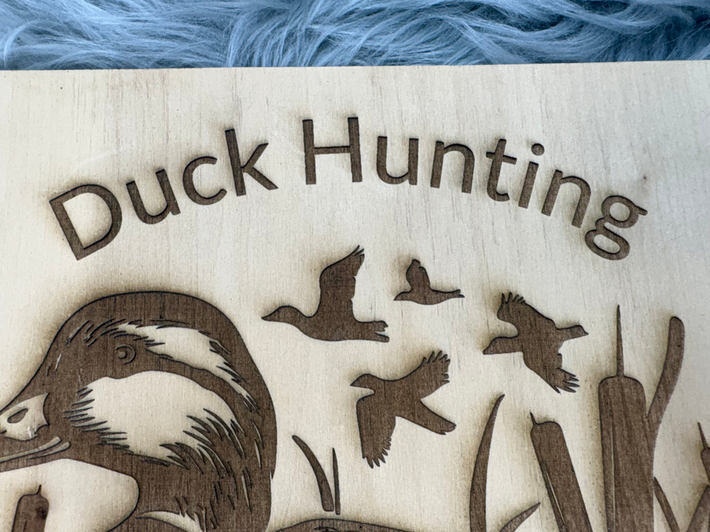 Live Edge Duck Hunting Wall Art | Laser Engraved Rustic Wood Sign | 11" x 12.5" | $35