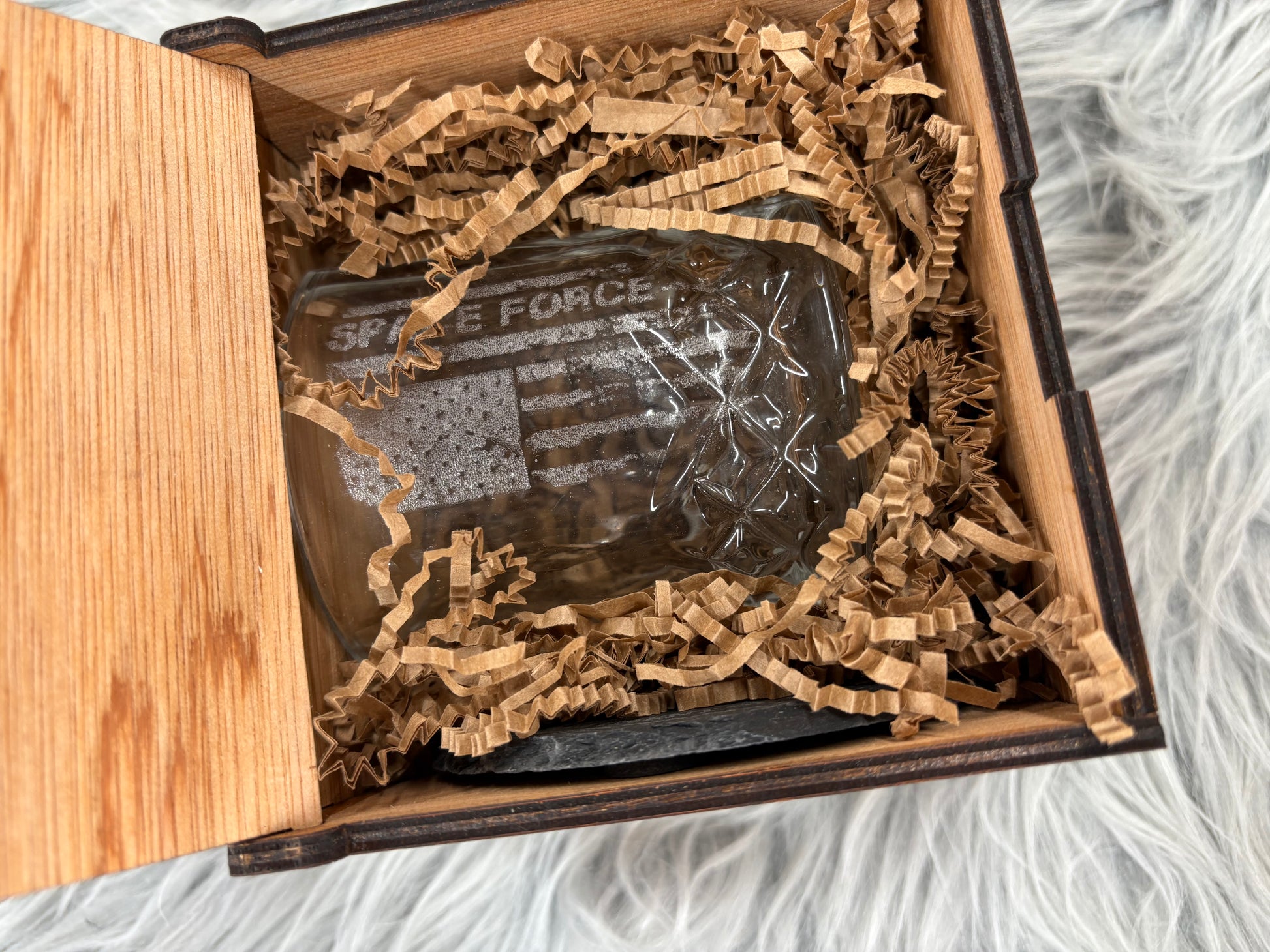 Handmade Space Force Whiskey Glass Box Set with Laser Engraved Slate Coaster | Military Gift | 5x5x4.5 Inches