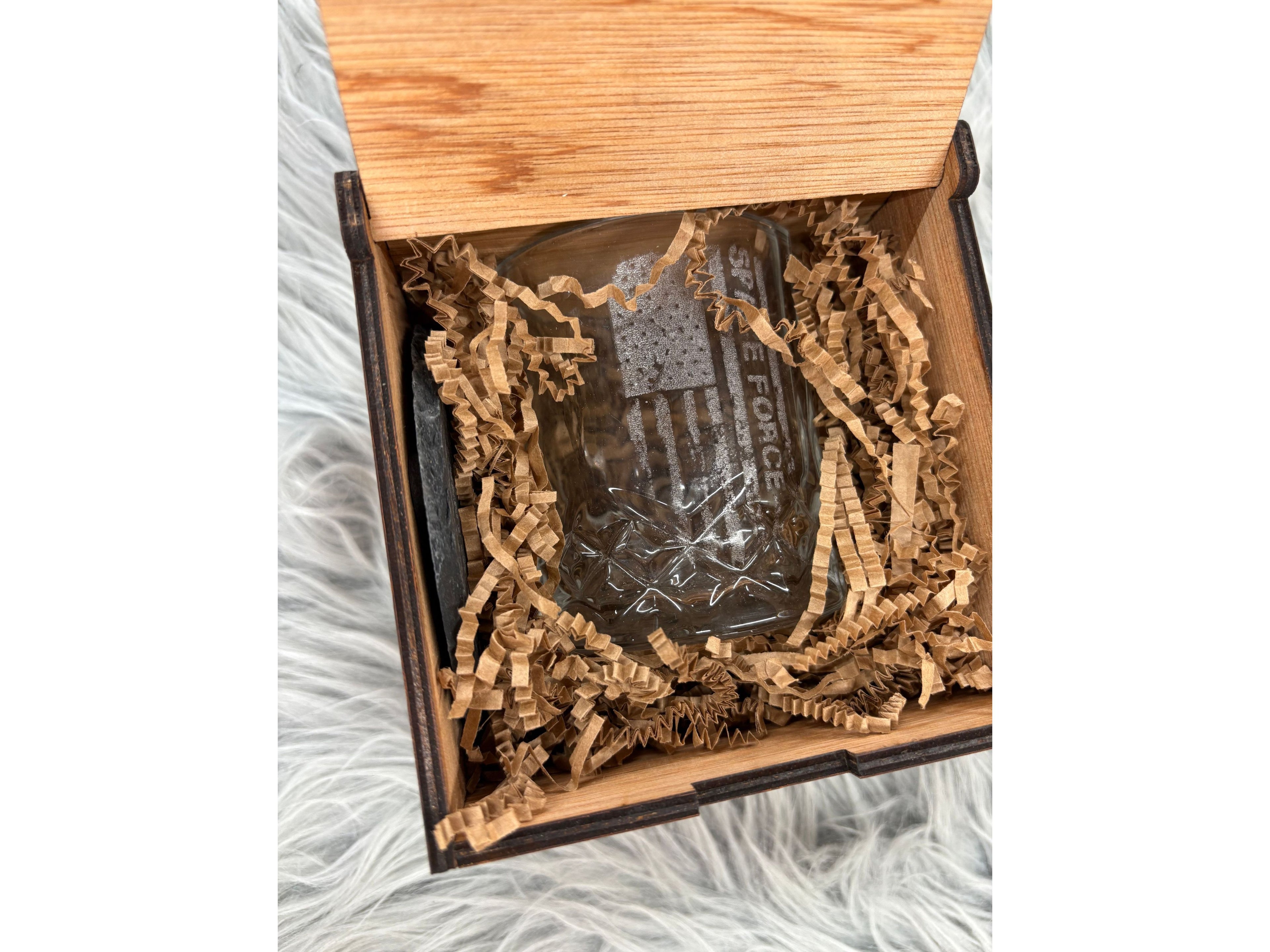 Handmade Space Force Whiskey Glass Box Set with Laser Engraved Slate Coaster | Military Gift | 5x5x4.5 Inches