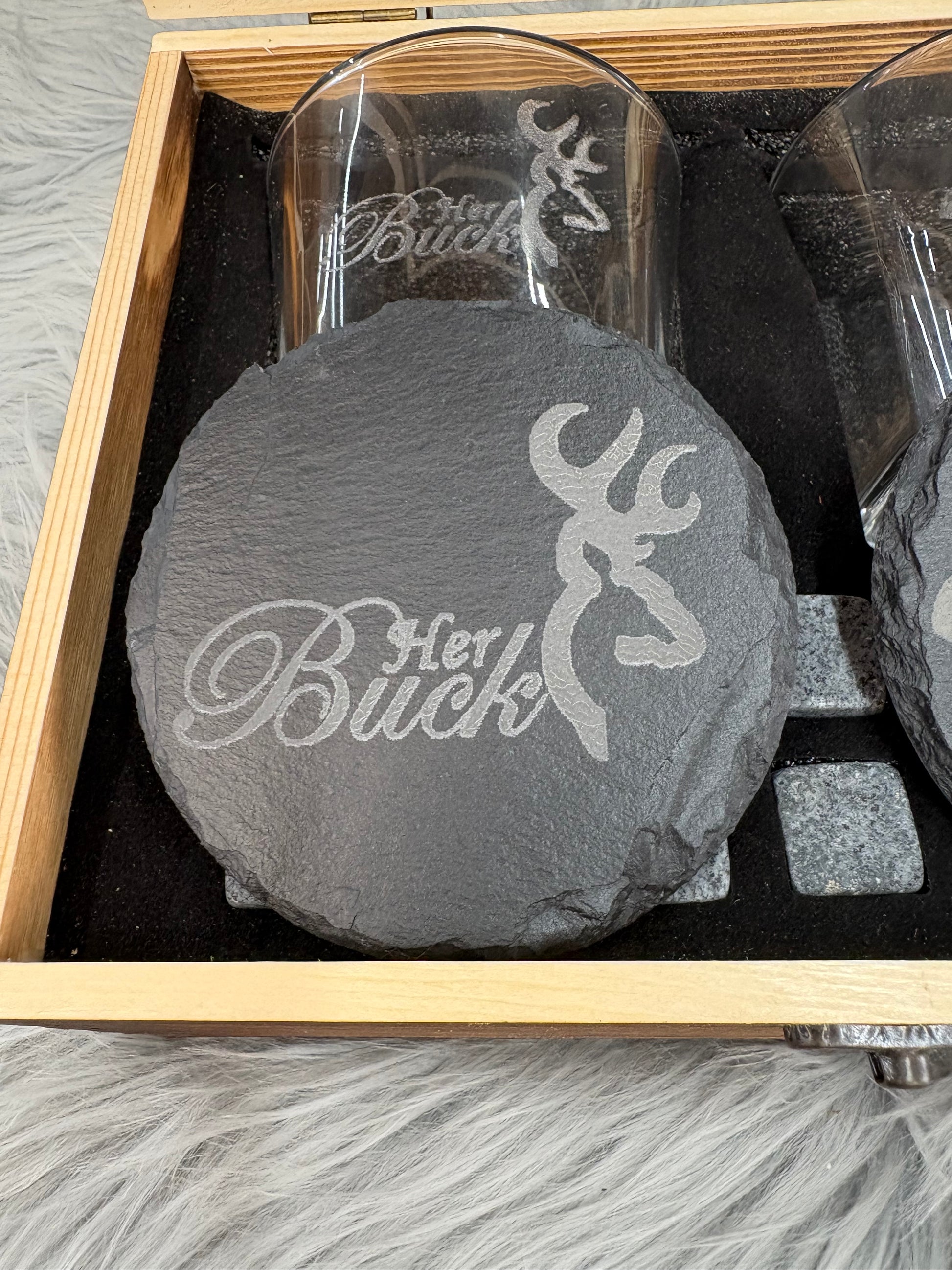 His Buck & Her Doe Whiskey Gift Set | Deer Love Laser Engraved Box – 2 Glasses, Coasters, Whiskey Stones & Velvet Bag