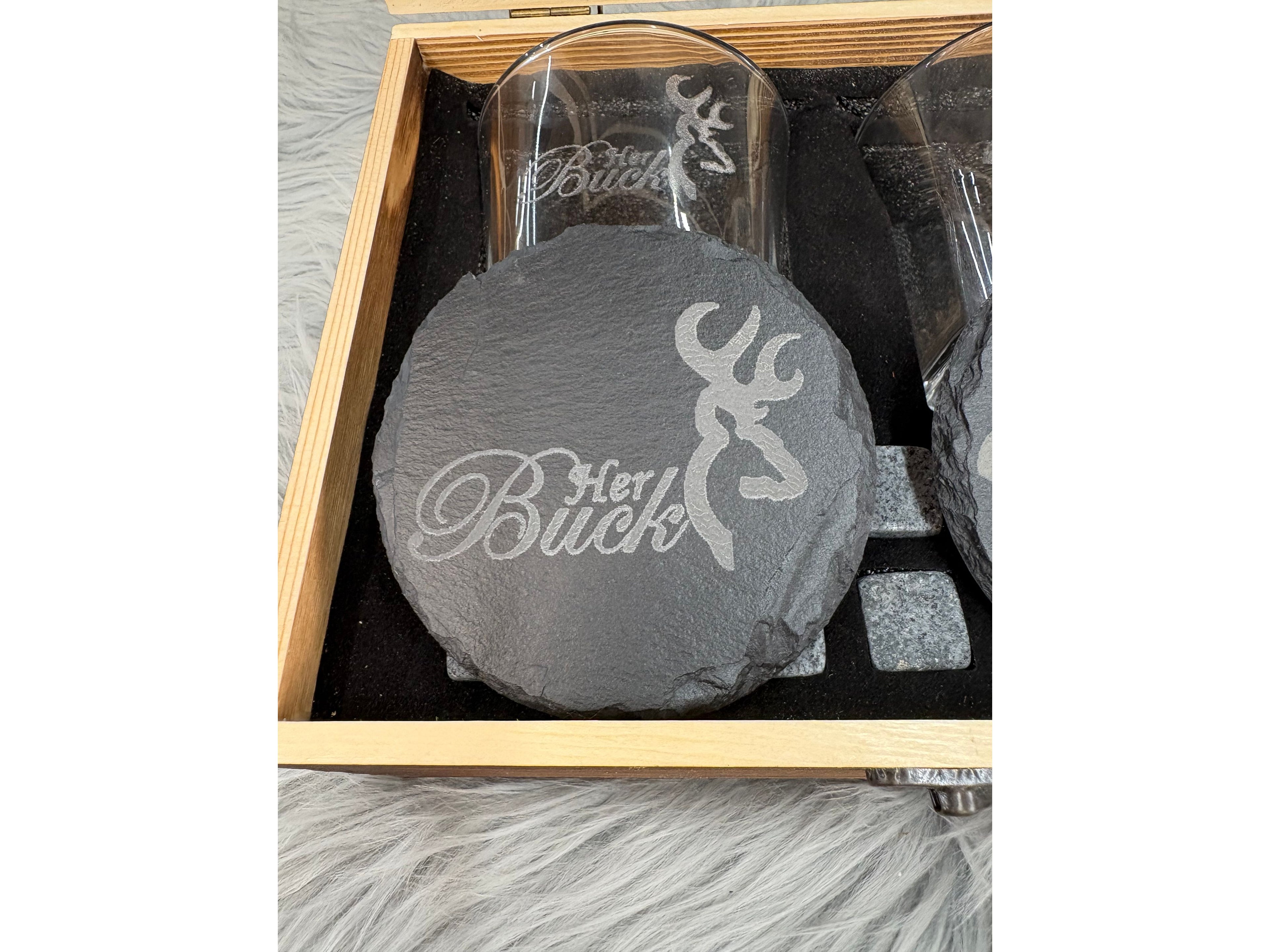 His Buck & Her Doe Whiskey Gift Set | Deer Love Laser Engraved Box – 2 Glasses, Coasters, Whiskey Stones & Velvet Bag