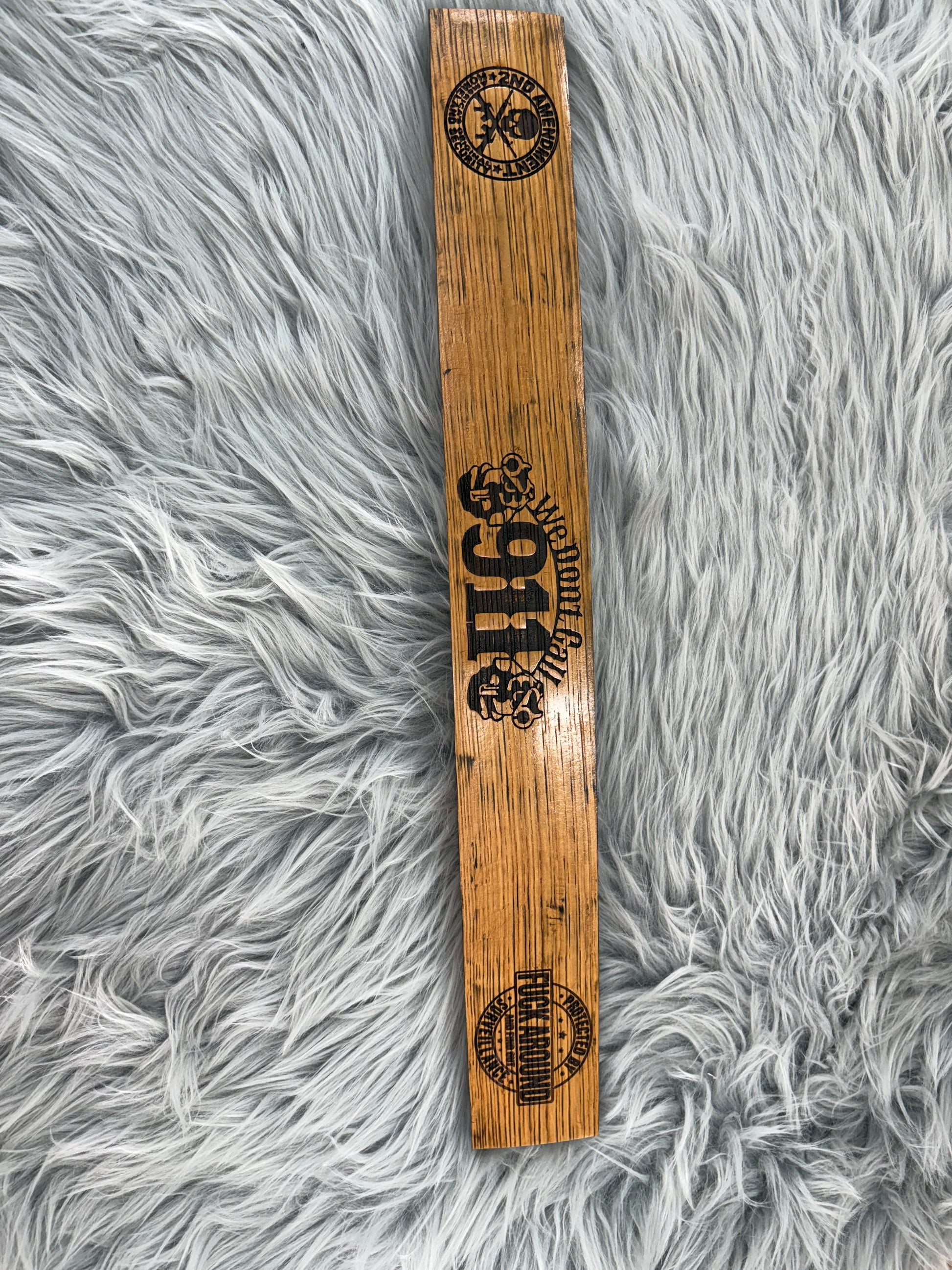 Whiskey Barrel Stave Sign – “We Don’t Call 911” | Laser Engraved Patriotic Decor