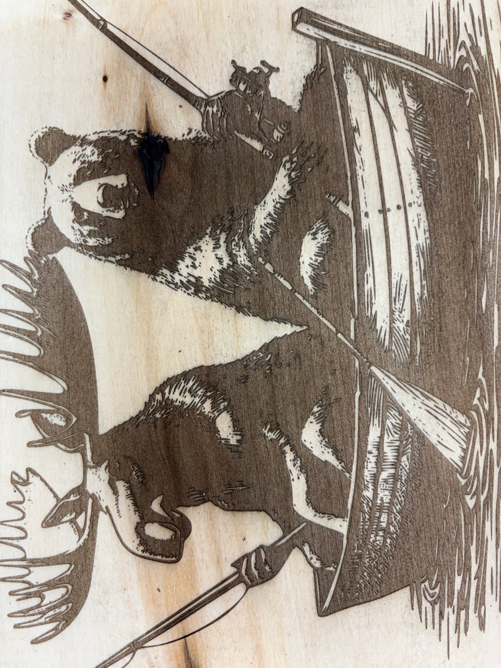 Live Edge Bear & Moose Fishing in a Boat | Laser Engraved Cabin Wall Art | 11" x 13" | $35