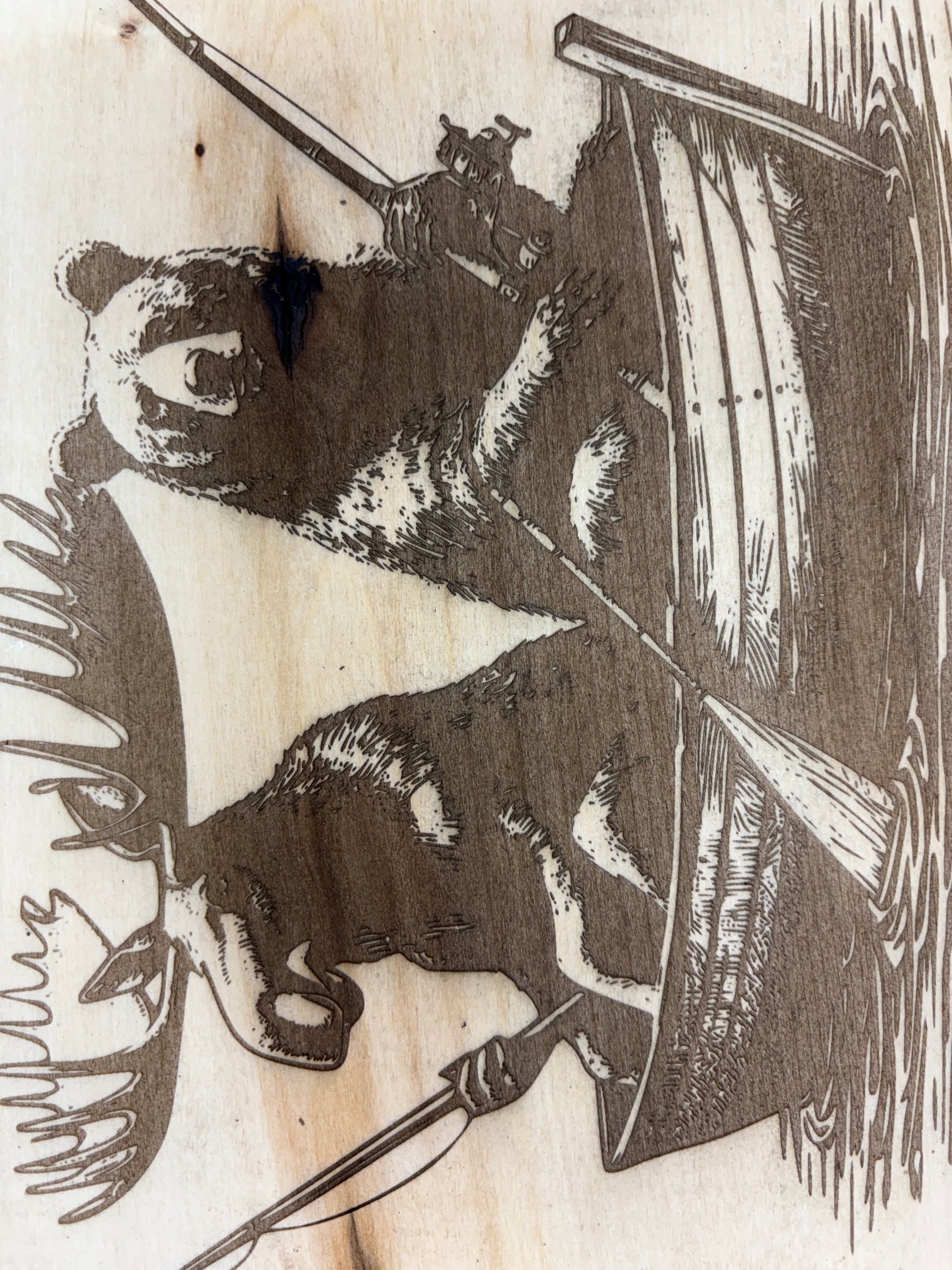 Live Edge Bear & Moose Fishing in a Boat | Laser Engraved Cabin Wall Art | 11" x 13" | $35