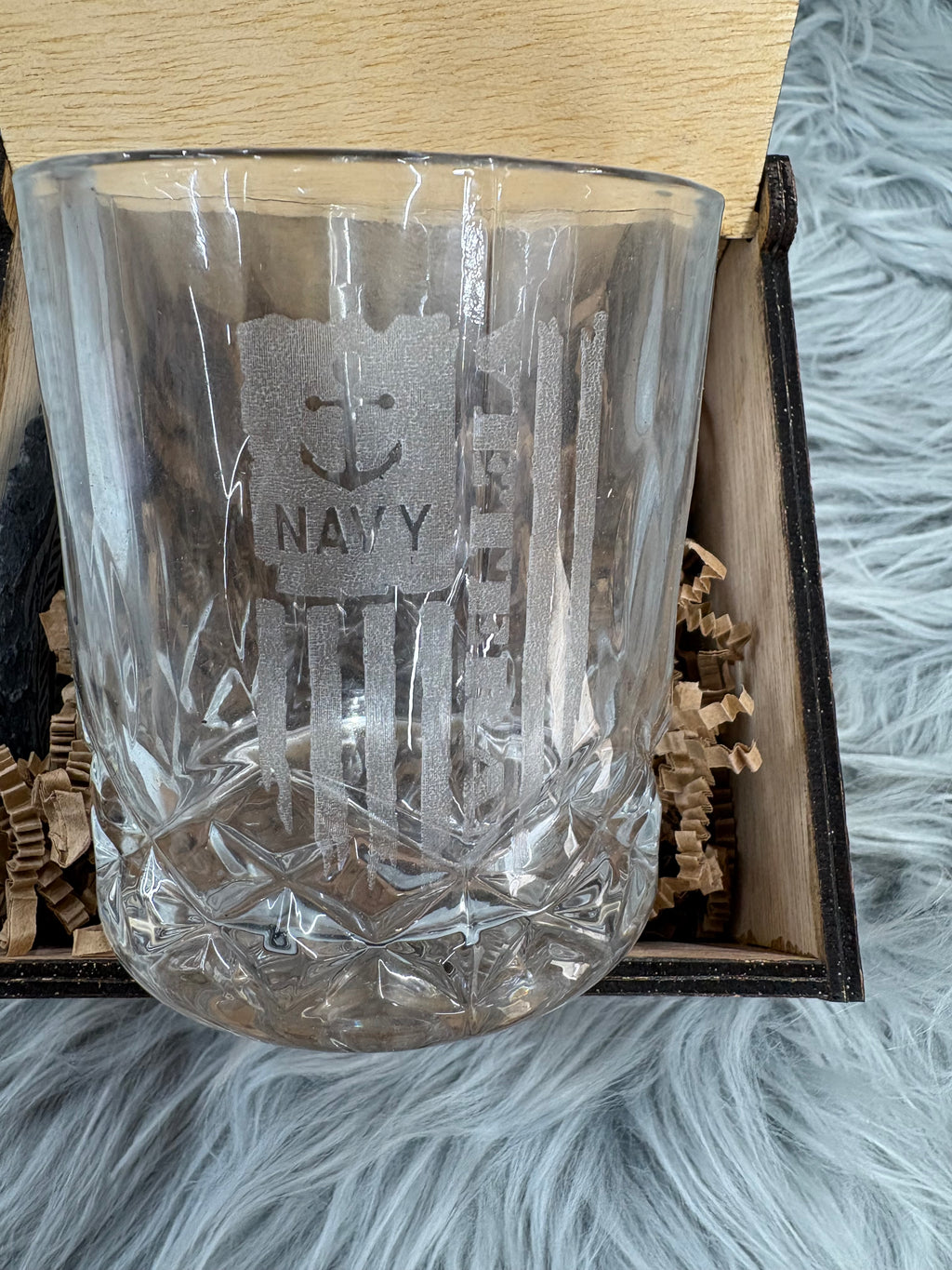 Handmade U.S. Navy Whiskey Glass Box Set with Laser Engraved Slate Coaster | Military Gift | 5x5x4.5 Inches