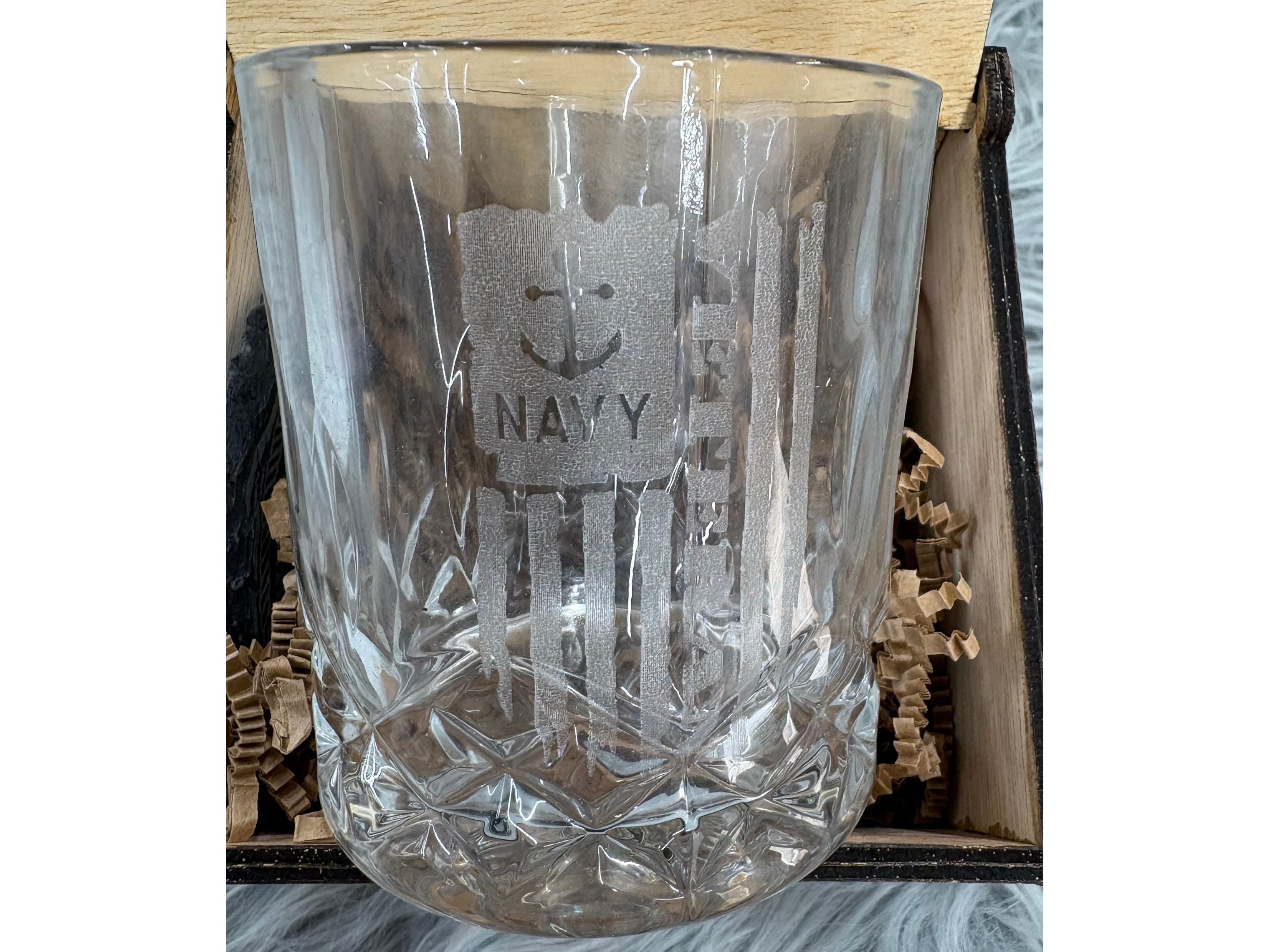 Handmade U.S. Navy Whiskey Glass Box Set with Laser Engraved Slate Coaster | Military Gift | 5x5x4.5 Inches