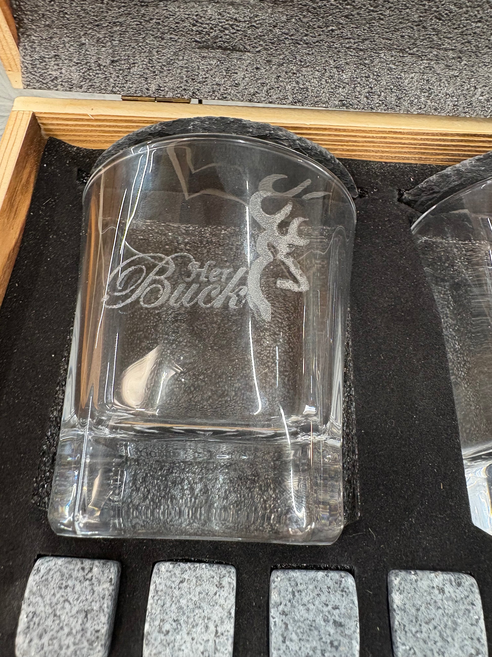His Buck & Her Doe Whiskey Gift Set | Deer Love Laser Engraved Box – 2 Glasses, Coasters, Whiskey Stones & Velvet Bag
