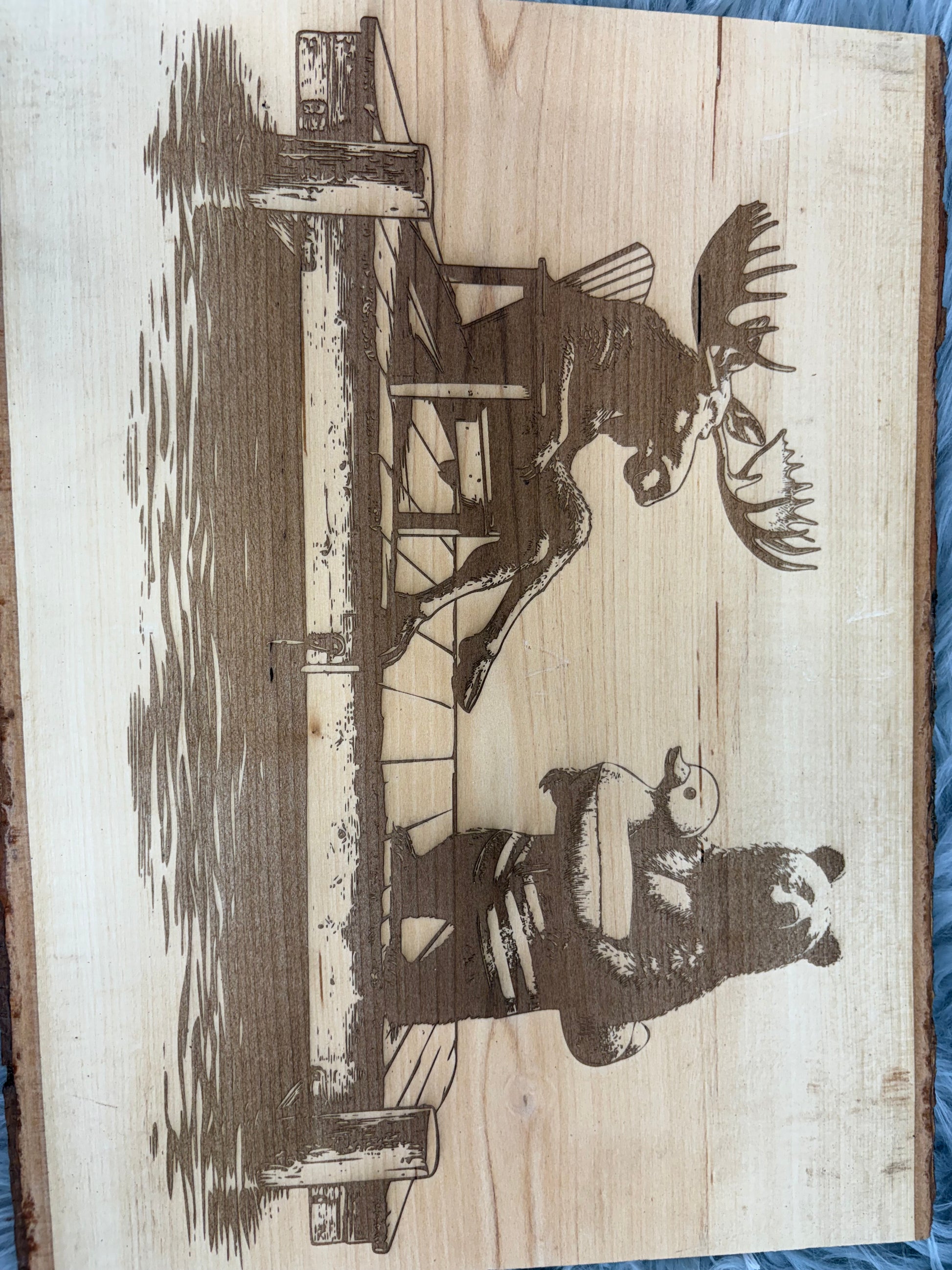 Live Edge Moose & Bear on Dock with Duck Floaty | Laser Engraved Lake Life Wood Sign | 12" x 16" | $35