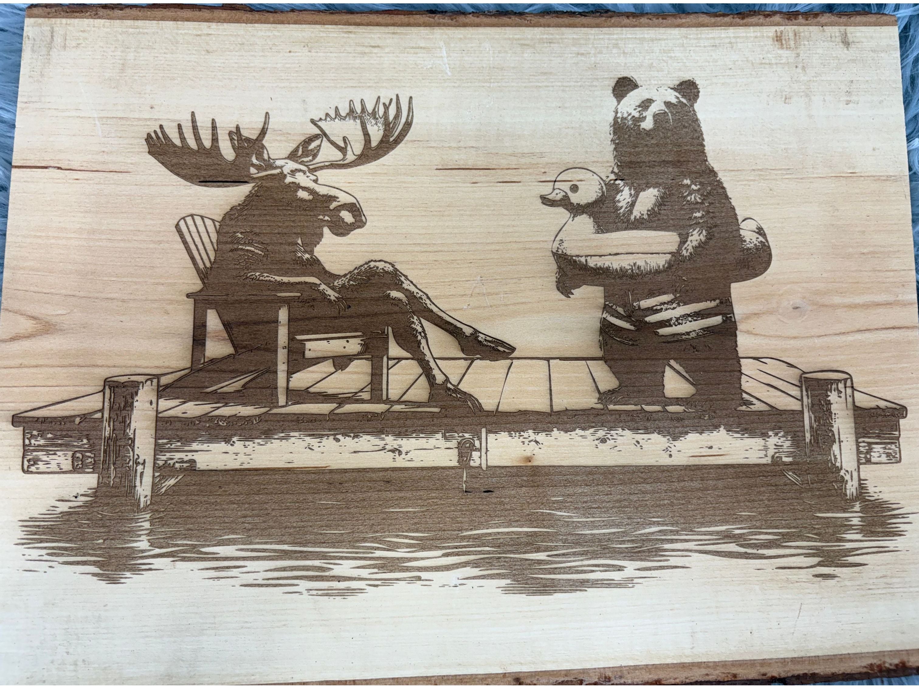 Live Edge Moose & Bear on Dock with Duck Floaty | Laser Engraved Lake Life Wood Sign | 12" x 16" | $35