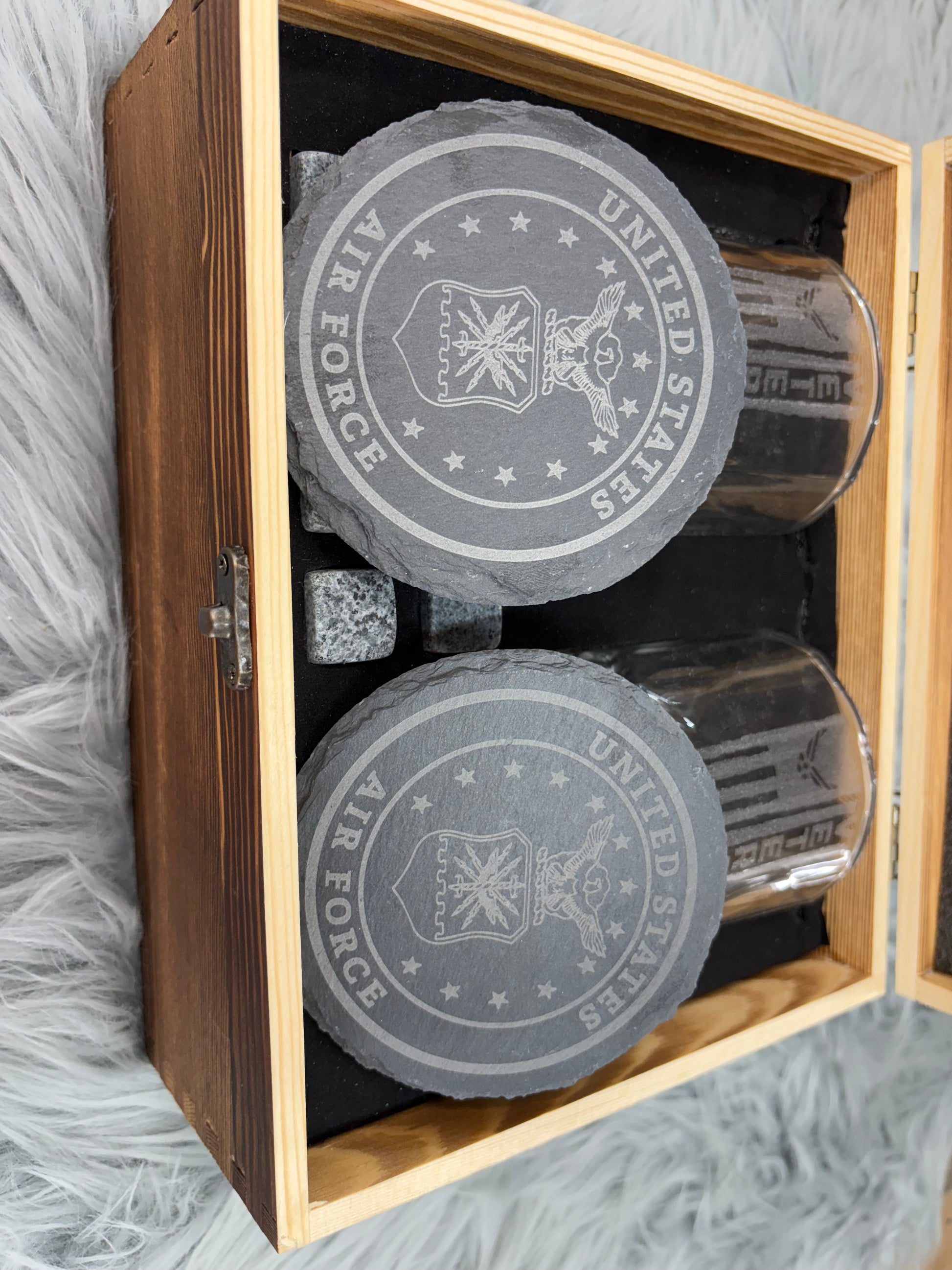 USAF Veteran Whiskey Gift Set | 2 Glasses, 2 Coasters, 8 Whiskey Stones and Velvet Bag