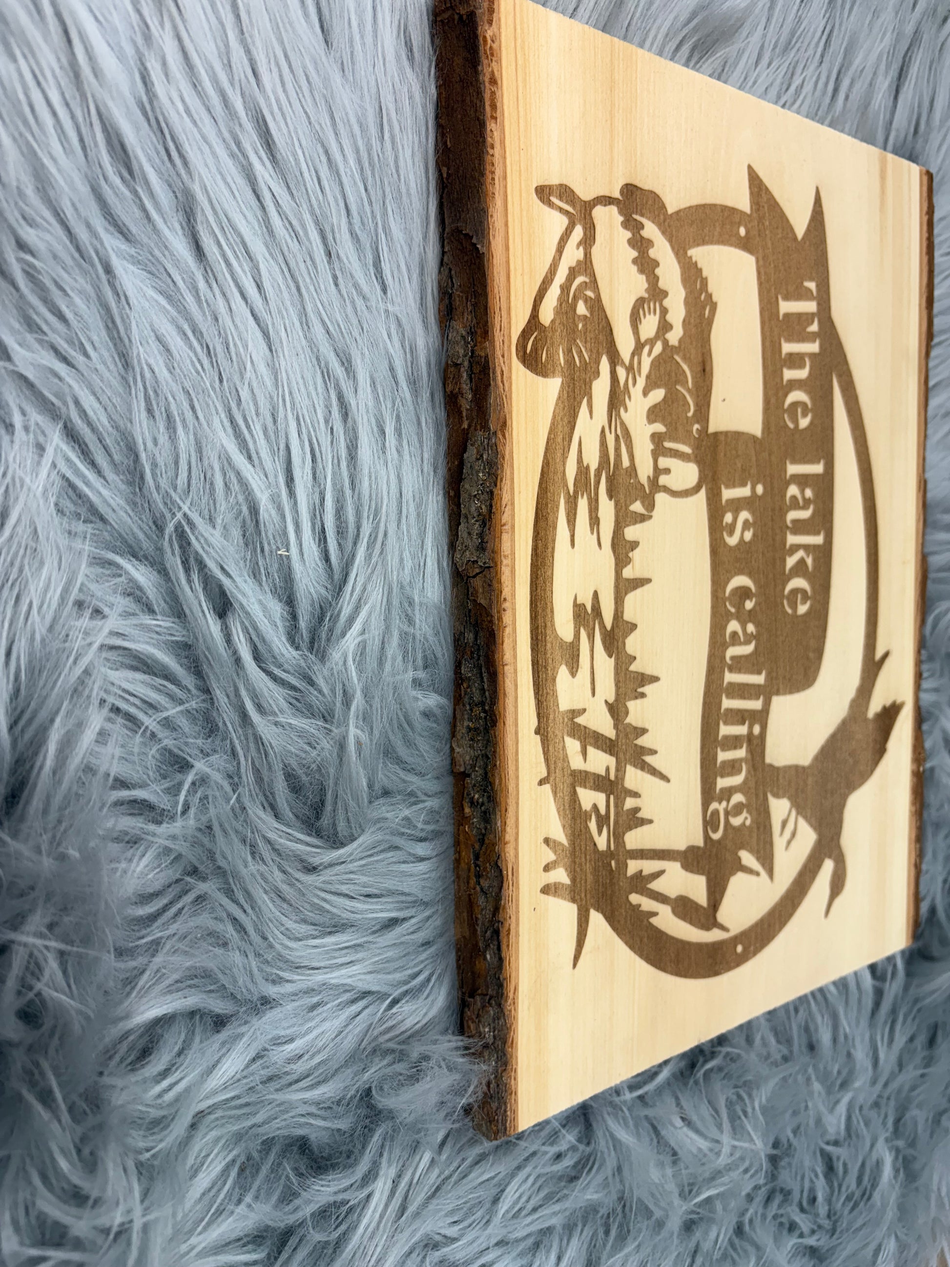 Live Edge “The Lake Is Calling” Laser Engraved Wood Sign | Rustic Lake House Decor | 9.5" x 13" | $35