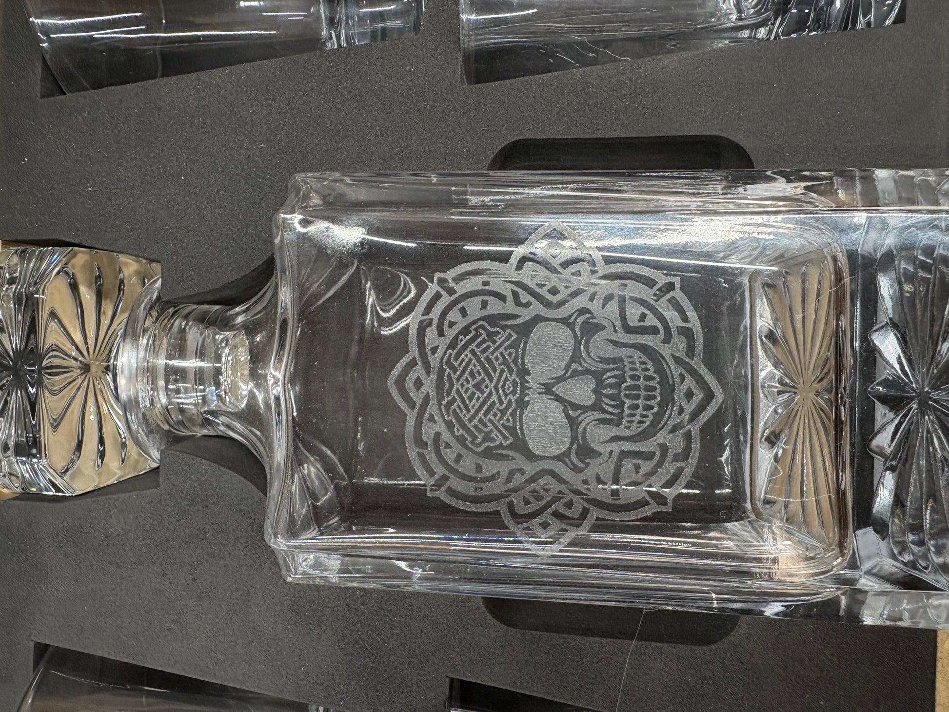 Whiskey Bent Decanter Set | Laser Engraved Wooden Gift Box with 4 Glasses & Decanter – $120