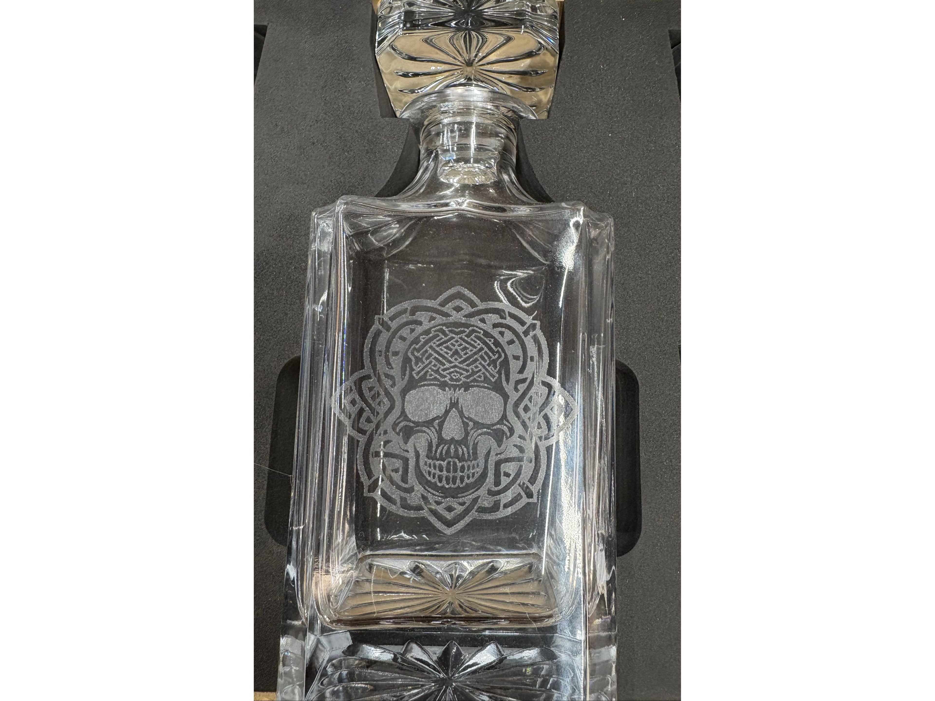 Whiskey Bent Decanter Set | Laser Engraved Wooden Gift Box with 4 Glasses & Decanter – $120