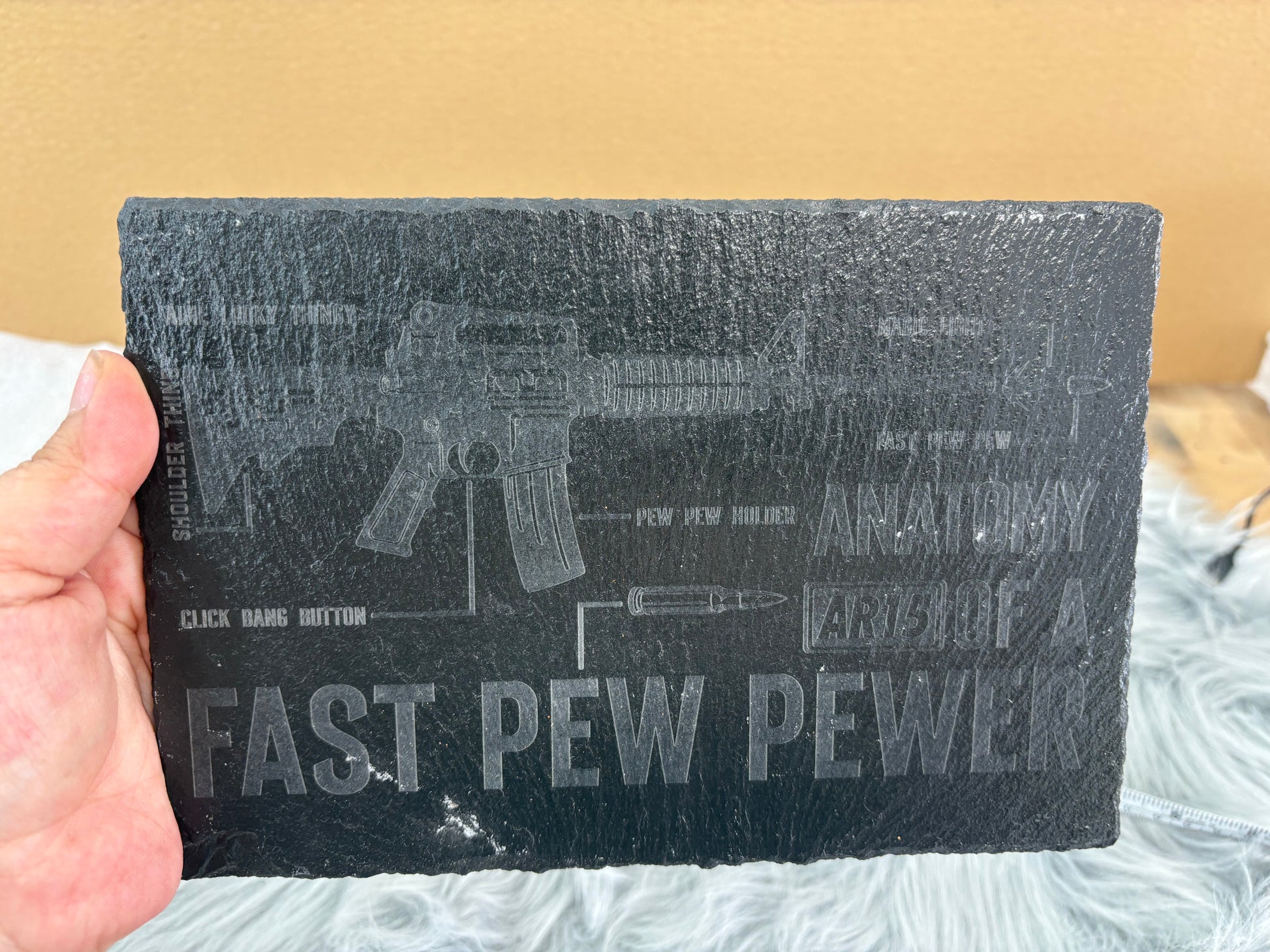 Fast Pew Pew Anatomy of a Gun Slate Sign – 8.5x6” Funny Laser Engraved Gun Lover Decor