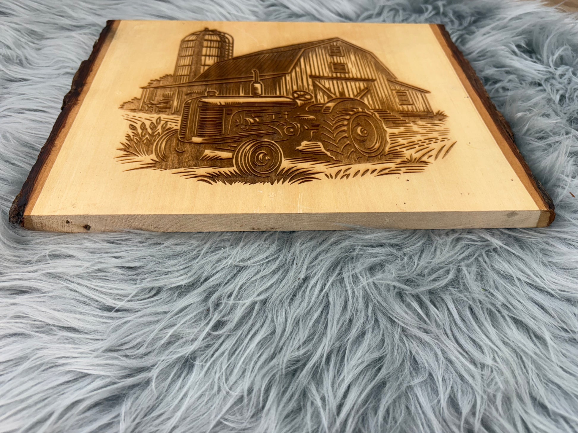 Live Edge Barn & Tractor Scene | Laser Engraved Farmhouse Wall Art | 10" x 13.5" | $25