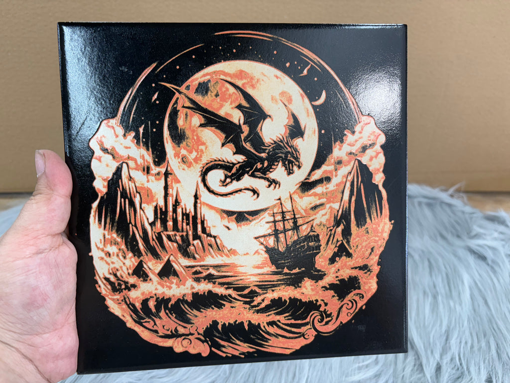 Mystical Dragon Ship Laser Engraved Tile | Moon & Sea Fantasy Art | Gothic Home Decor 8x8