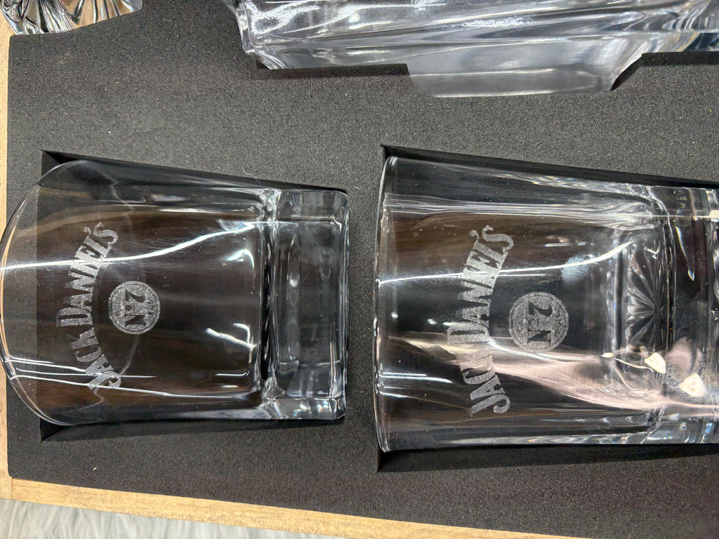 Jack Daniels Inspired Decanter Set | Laser Engraved Wooden Gift Box with 4 Whiskey Glasses & Decanter – $120