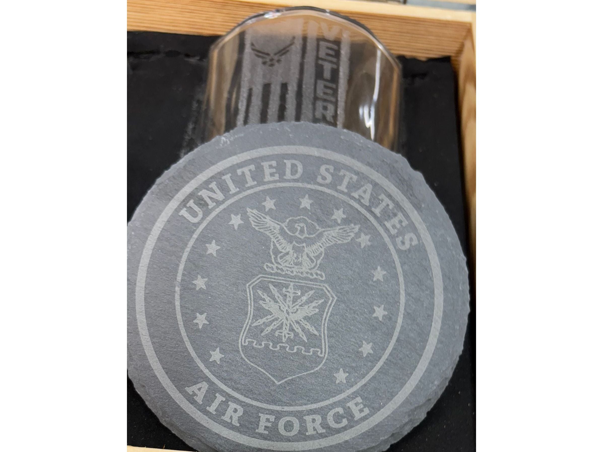 USAF Veteran Whiskey Gift Set | 2 Glasses, 2 Coasters, 8 Whiskey Stones and Velvet Bag