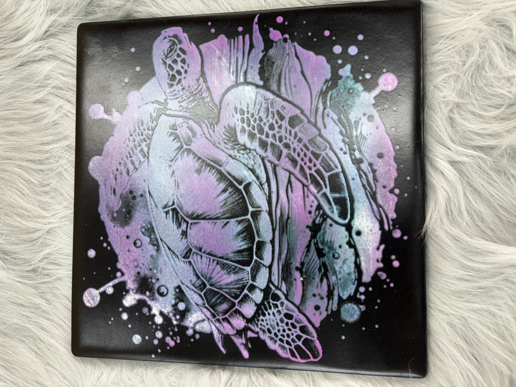 Laser Engraved Sea Turtle on 10x10 Spray Painted Tile | Purple, Blue &amp; Black Ocean-Inspired Art | Beach Decor