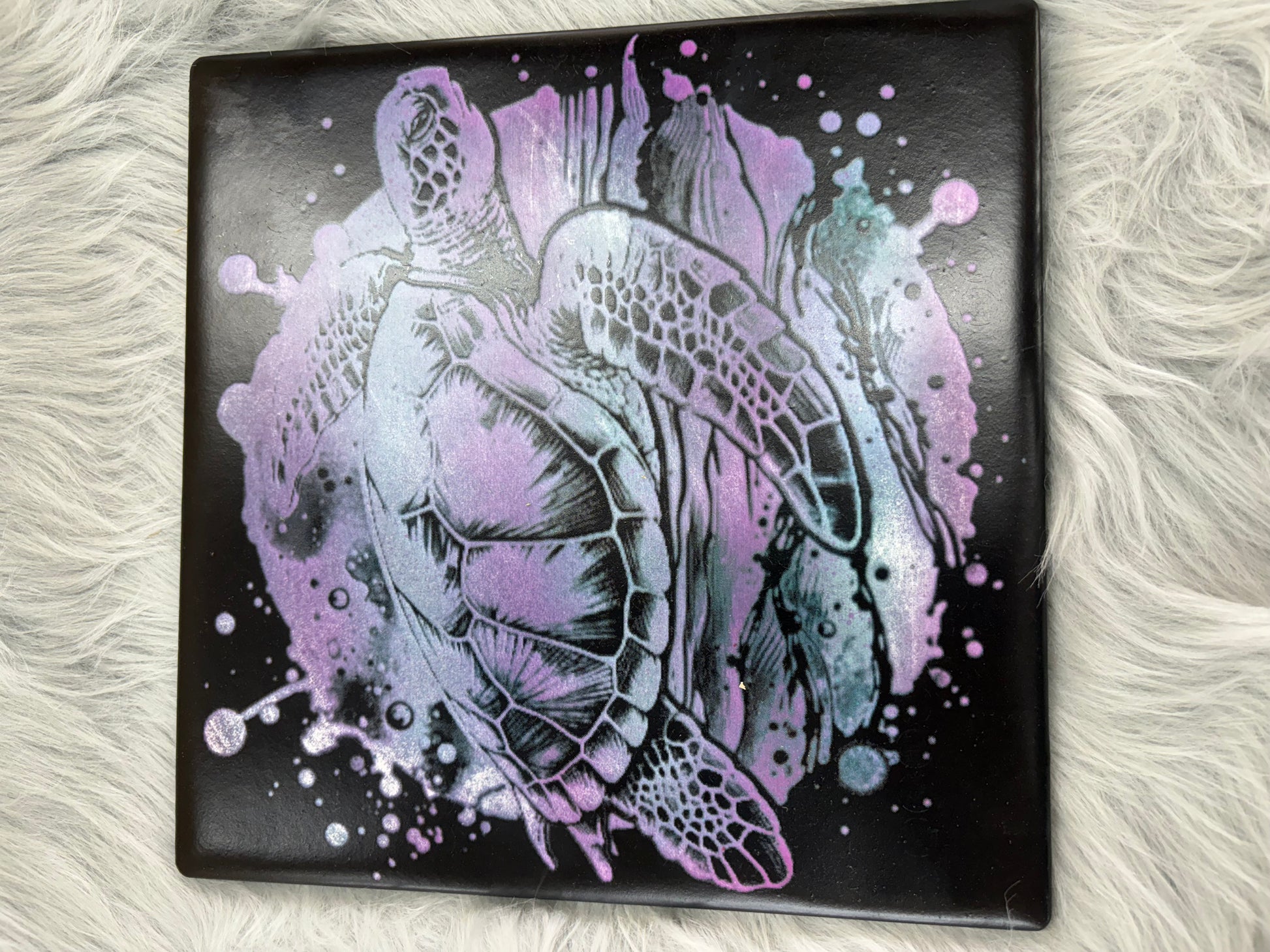 Laser Engraved Sea Turtle on 10x10 Spray Painted Tile | Purple, Blue &amp; Black Ocean-Inspired Art | Beach Decor