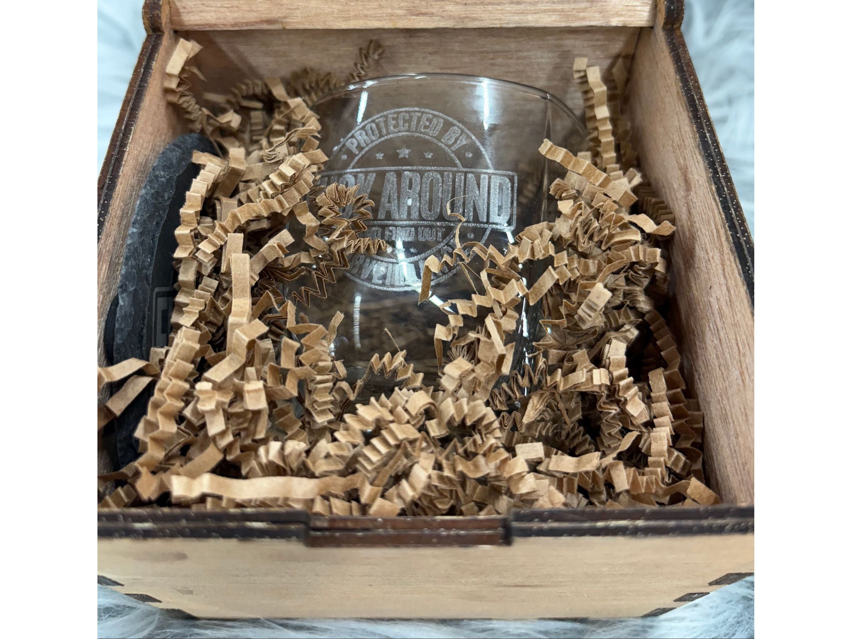 Handmade FAFO Whiskey Glass Box Set with Laser Engraved Slate Coaster | Bold Statement Gift | 5x5x4.5 Inches