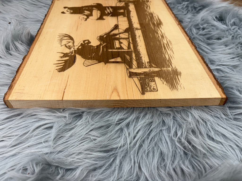Live Edge Moose & Bear on Dock with Duck Floaty | Laser Engraved Lake Life Wood Sign | 12" x 16" | $35